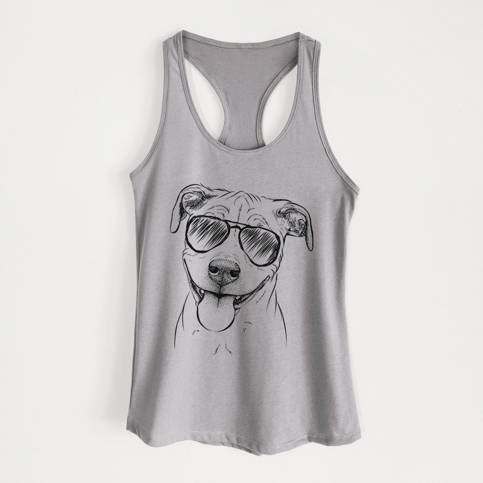Hand-drawn sketch of Skye the Pitweiler wearing aviator sunglasses on a Heather Grey Women's racerback tanktop