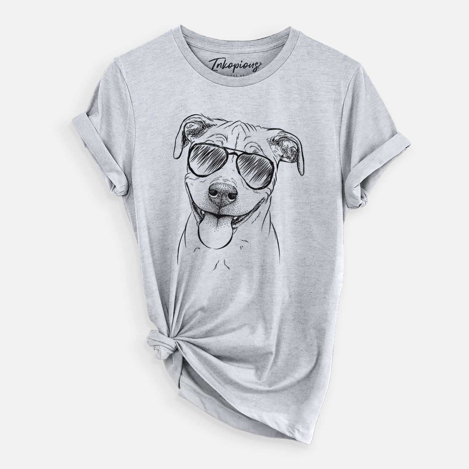 Hand-drawn sketch of Skye the Pitweiler wearing aviator sunglasses on a Grey Unisex crewneck