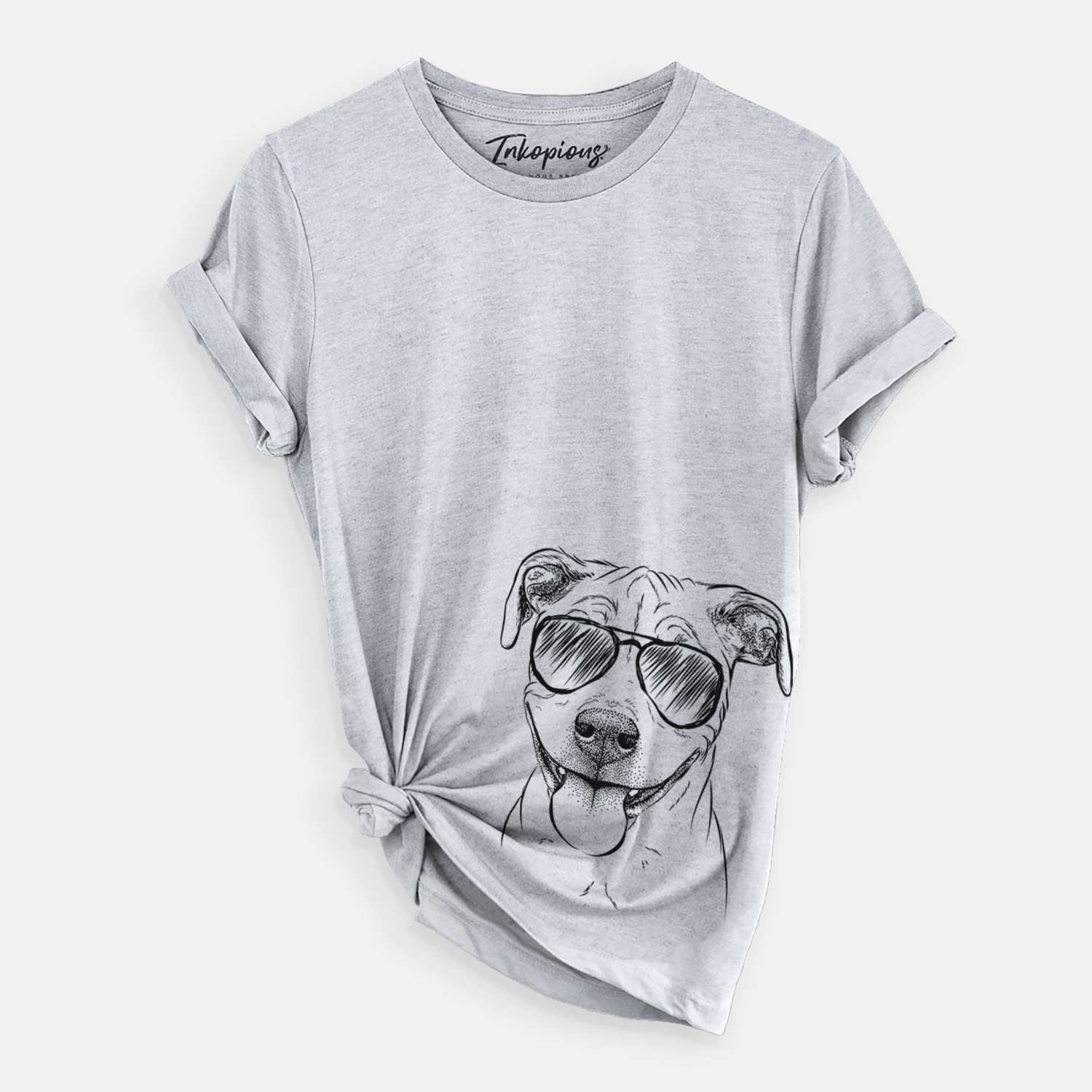 Hand-drawn sketch of Skye the Pitweiler wearing aviator sunglasses on a Grey Unisex crewneck