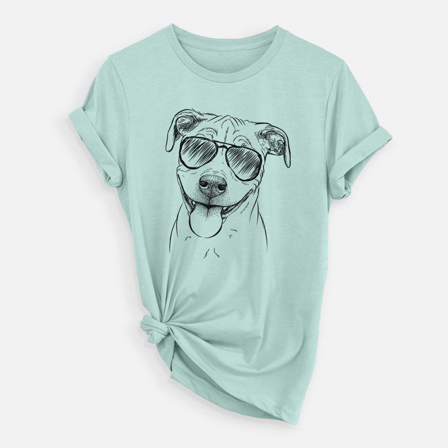 Hand-drawn sketch of Skye the Pitweiler wearing aviator sunglasses on a Heather Sage Unisex crewneck