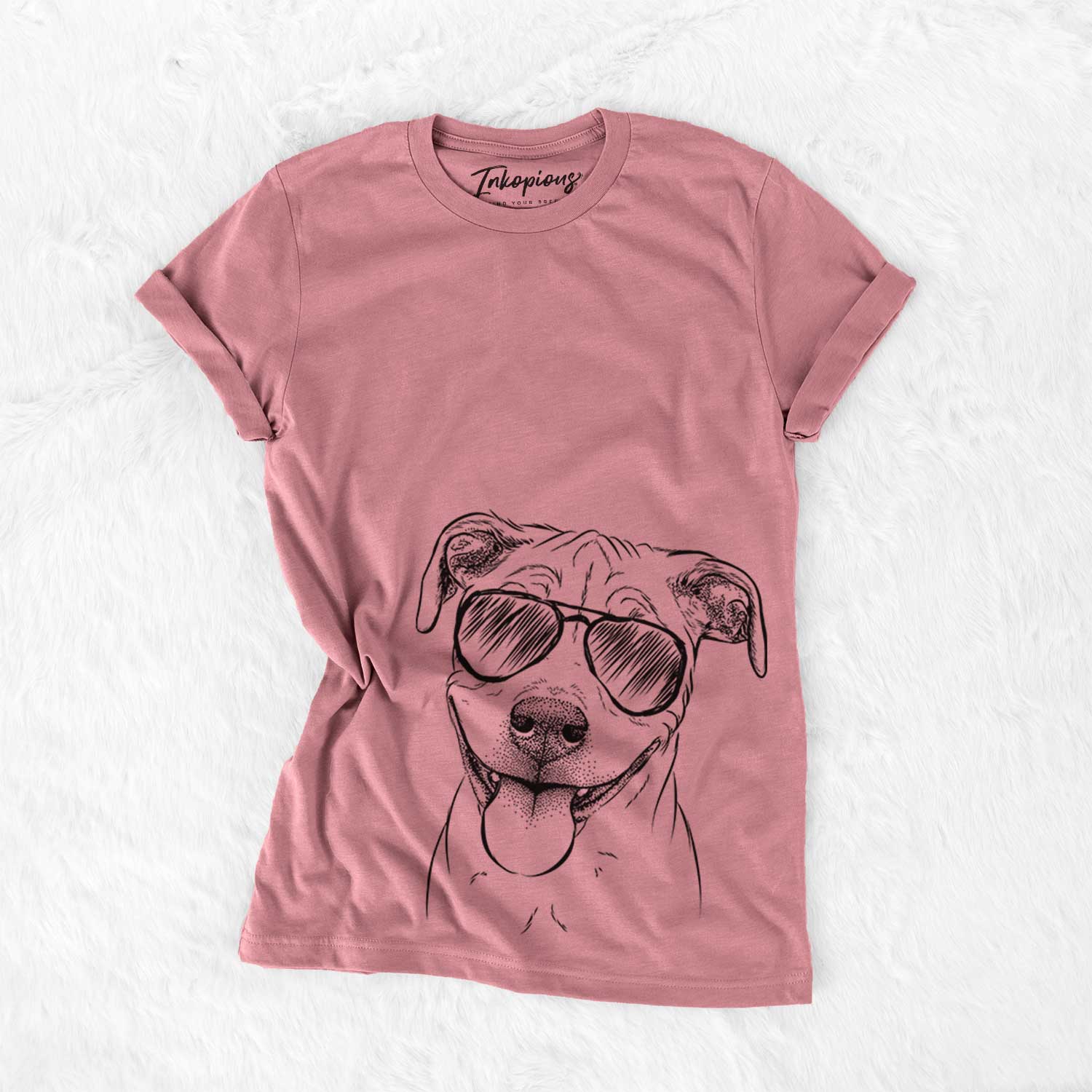 Hand-drawn sketch of Skye the Pitweiler wearing aviator sunglasses on a Mauve Unisex crewneck