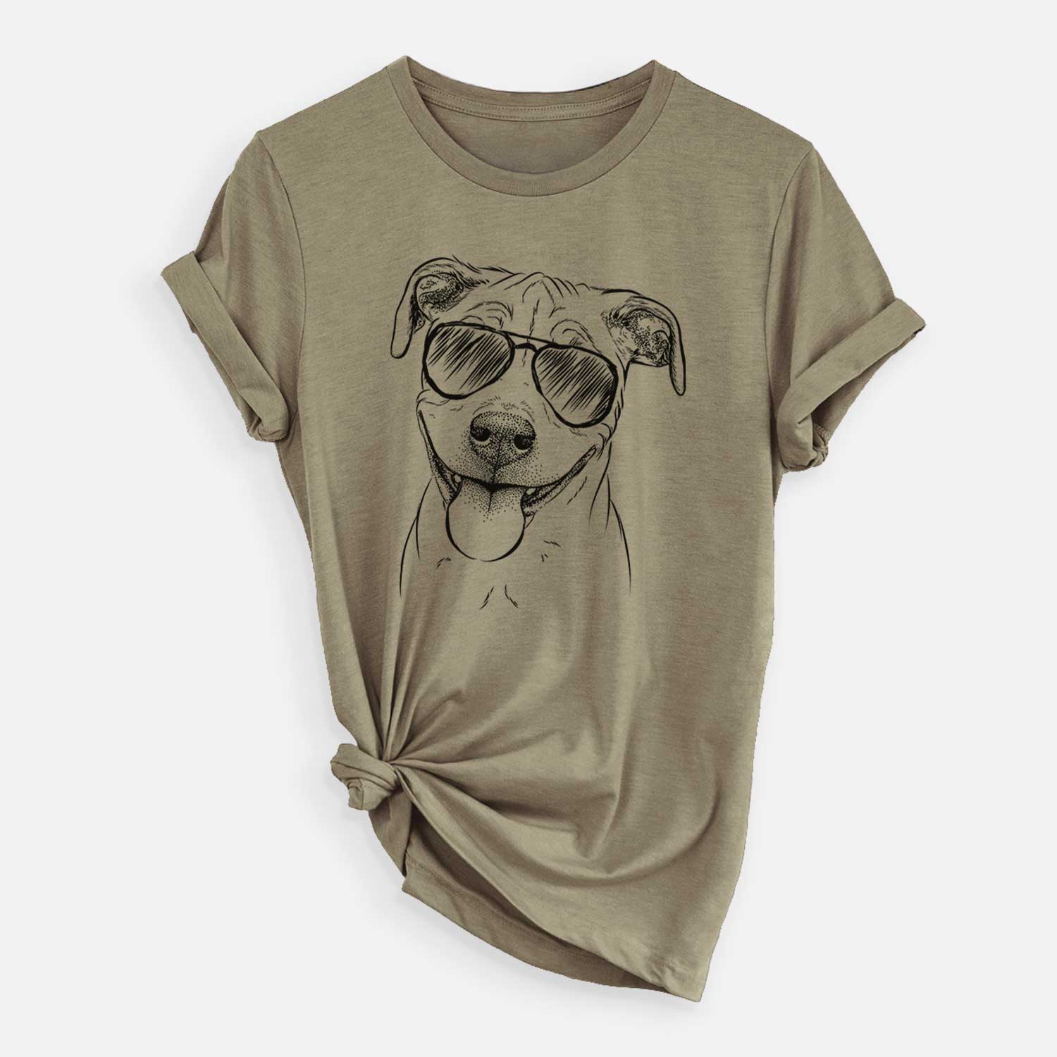 Hand-drawn sketch of Skye the Pitweiler wearing aviator sunglasses on an Olive Unisex crewneck