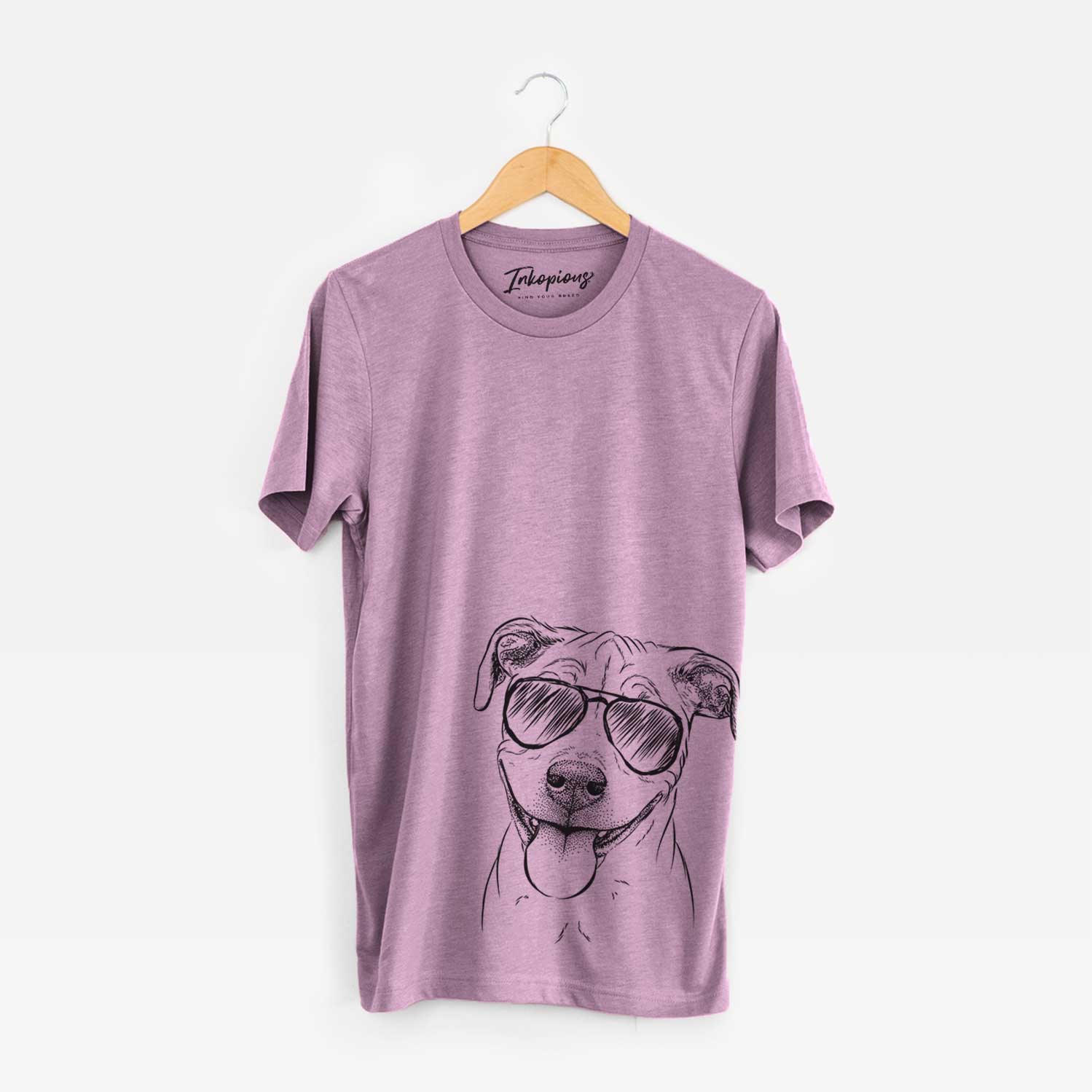 Hand-drawn sketch of Skye the Pitweiler wearing aviator sunglasses on an Orchid Unisex crewneck