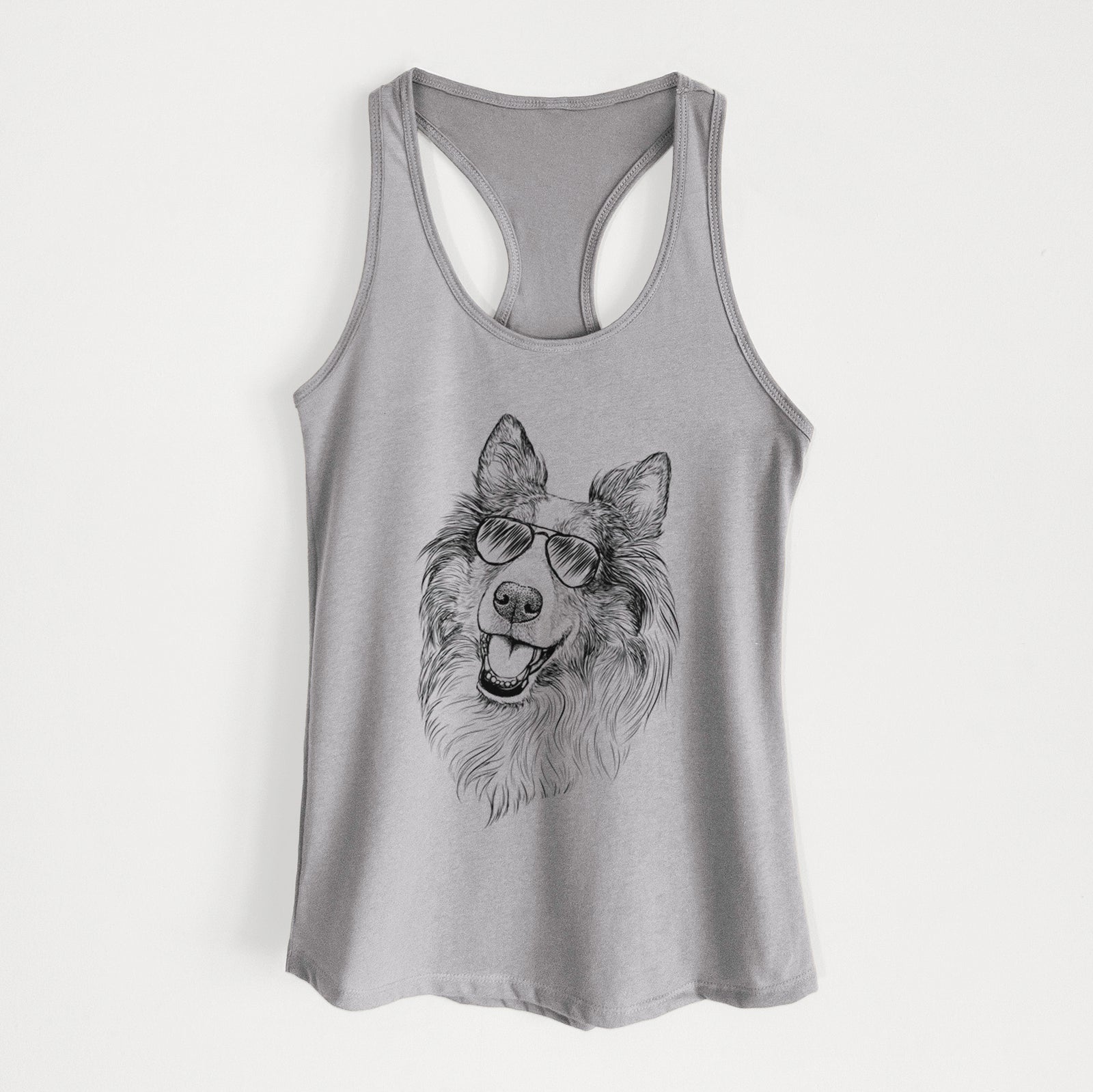 Hand-drawn sketch of Skylar the Shetland Sheepdog wearing aviator sunglasses on a Heather Grey Women's racerback tanktop