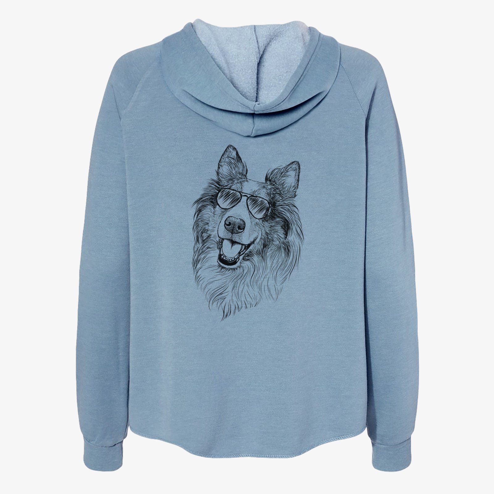 Hand-drawn sketch of Skylar the Shetland Sheepdog wearing aviator sunglasses on a Misty Blue Women's cali wave zip-up sweatshirt