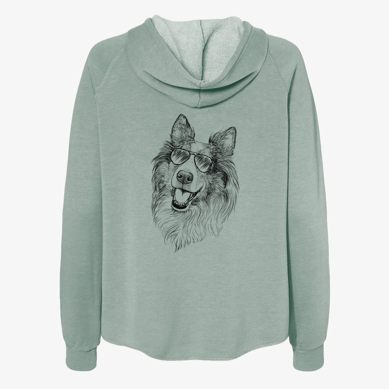 Hand-drawn sketch of Skylar the Shetland Sheepdog wearing aviator sunglasses on a Sage Women's cali wave zip-up sweatshirt