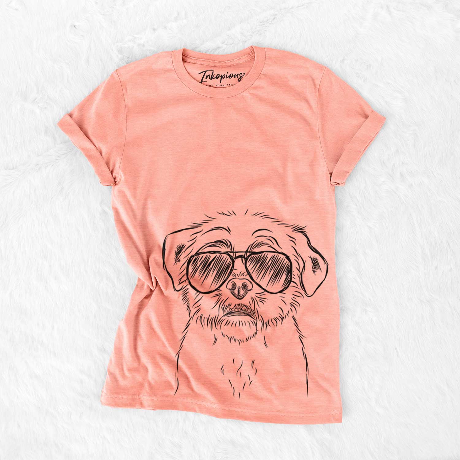 Hand-drawn sketch of Smash the Shih Tzu wearing aviator sunglasses on a Sunset Bella Canvas Unisex Crewneck