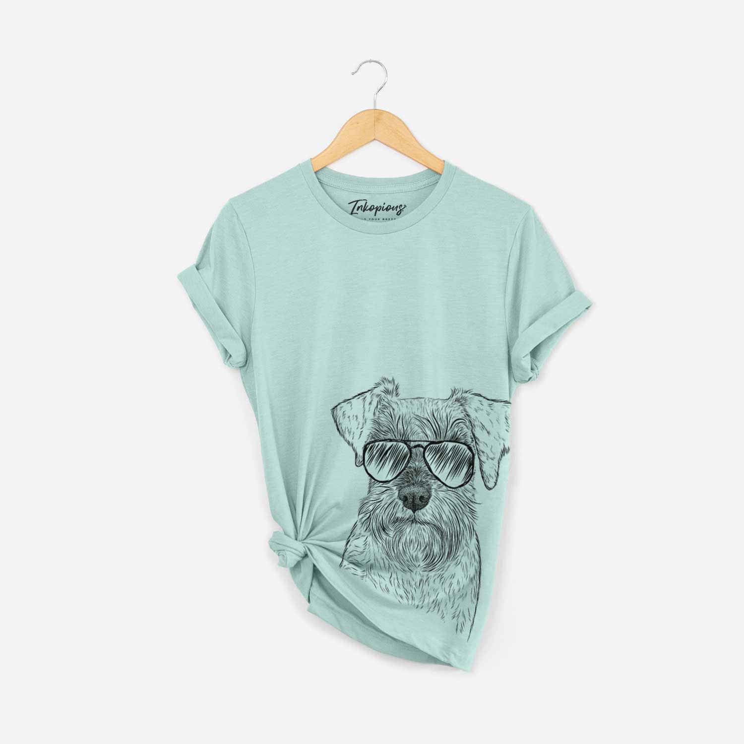 Hand-drawn sketch of Smokey the Miniature Schnauzer wearing aviator sunglasses on a Heather Sage Bella Canvas Unisex Crewneck