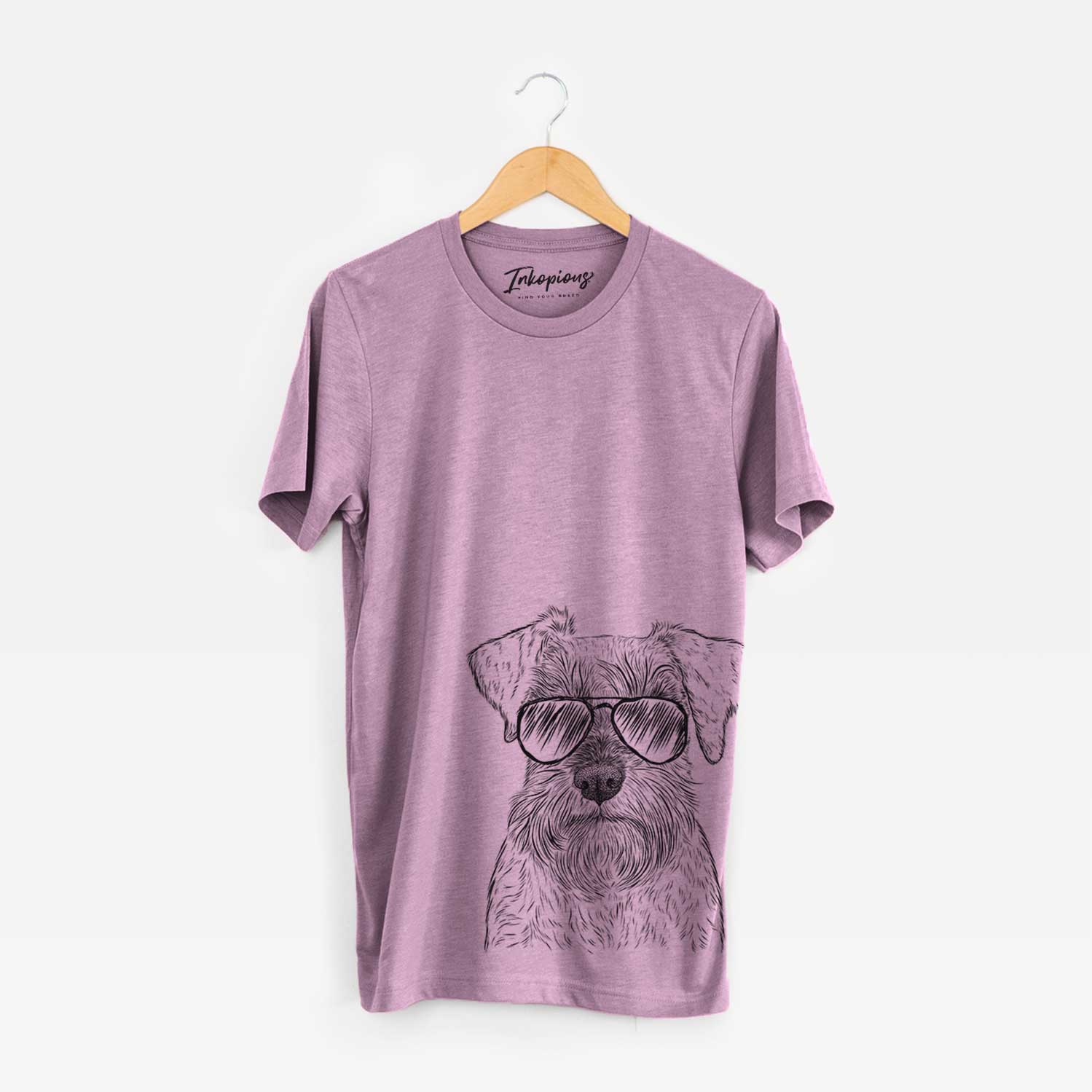 Hand-drawn sketch of Smokey the Miniature Schnauzer wearing aviator sunglasses on an Orchid Bella Canvas Unisex Crewneck