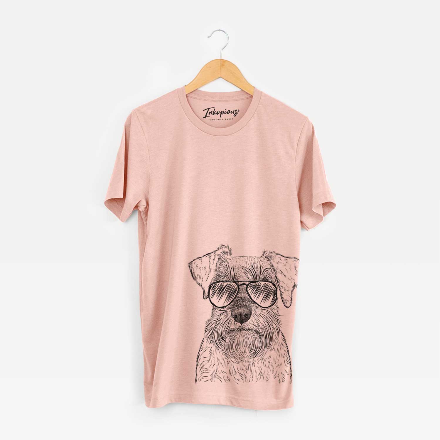 Hand-drawn sketch of Smokey the Miniature Schnauzer wearing aviator sunglasses on a Peach Bella Canvas Unisex Crewneck