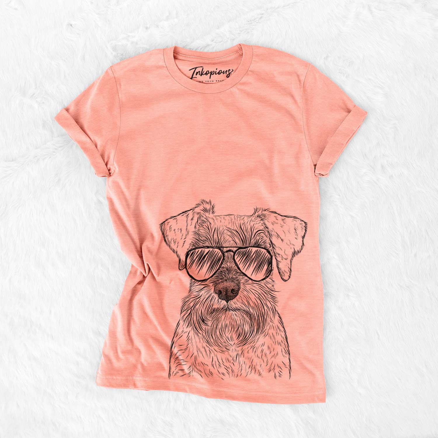 Hand-drawn sketch of Smokey the Miniature Schnauzer wearing aviator sunglasses on a Sunset Bella Canvas Unisex Crewneck