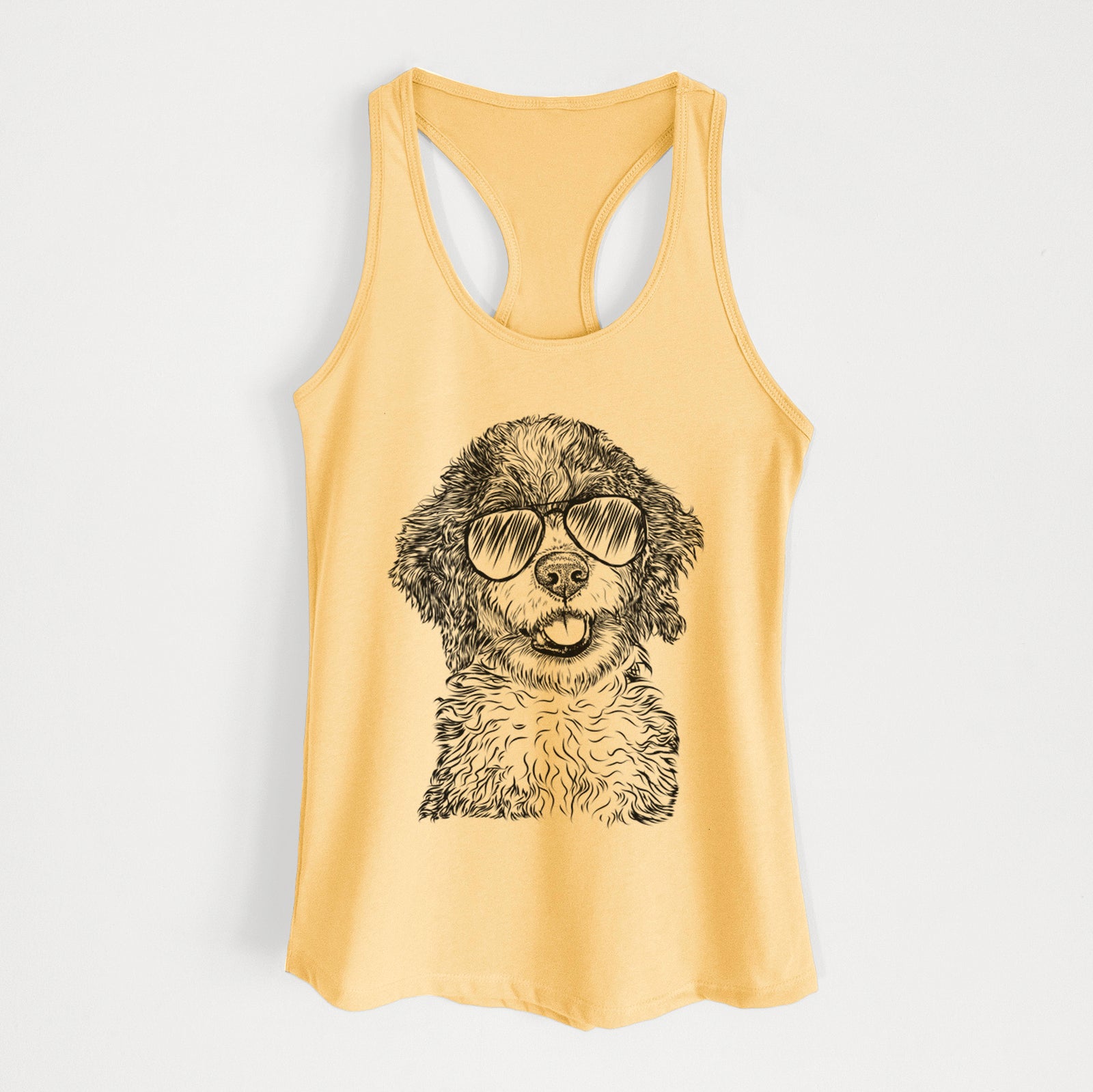 Hand-drawn sketch of Smoky the Bernedoodle Puppy wearing aviator sunglasses on a Banana Cream Women's racerback tanktop