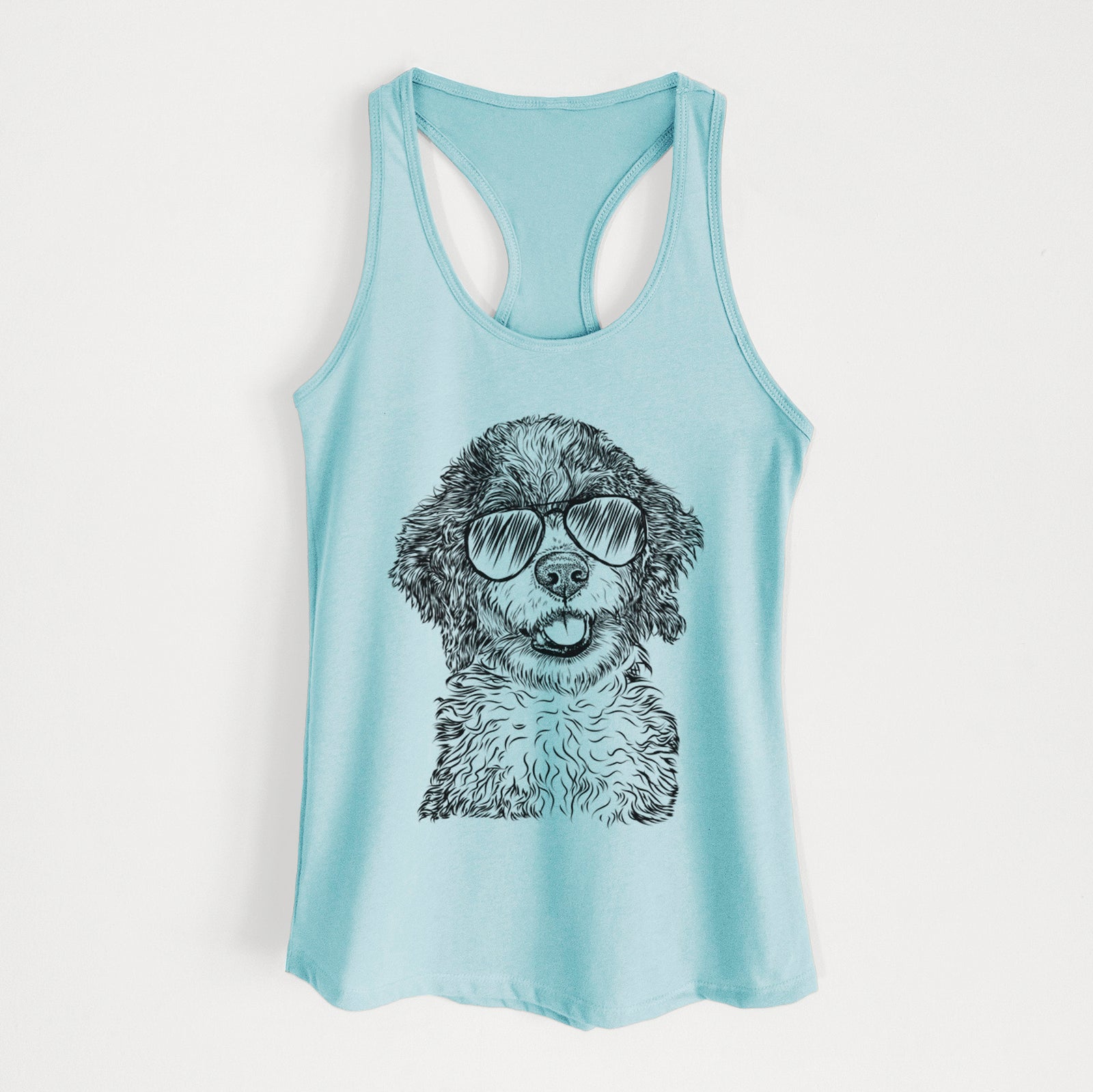 Hand-drawn sketch of Smoky the Bernedoodle Puppy wearing aviator sunglasses on a Cancun Blue Women's racerback tanktop