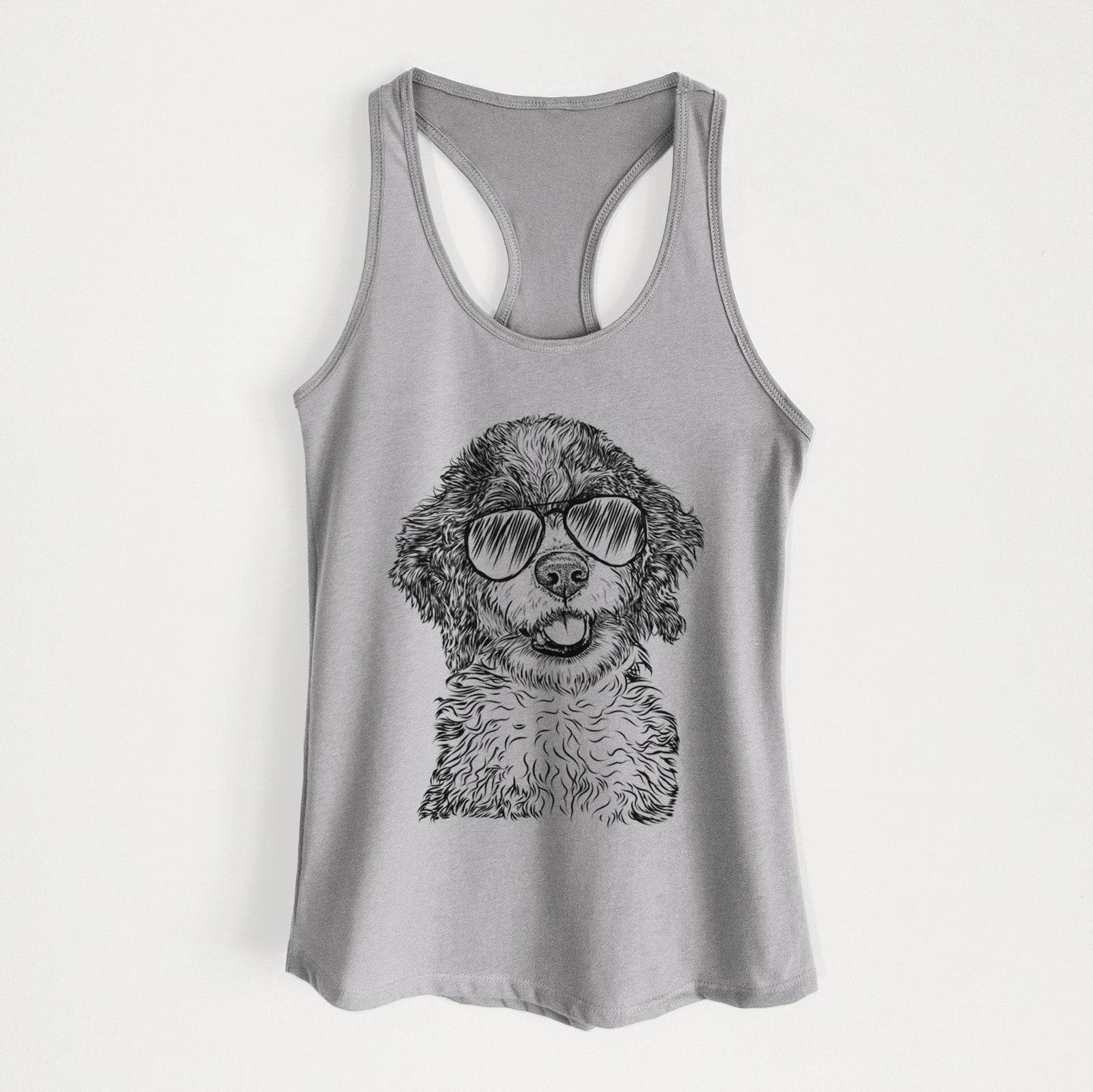 Hand-drawn sketch of Smoky the Bernedoodle Puppy wearing aviator sunglasses on a Heather Grey Women's racerback tanktop