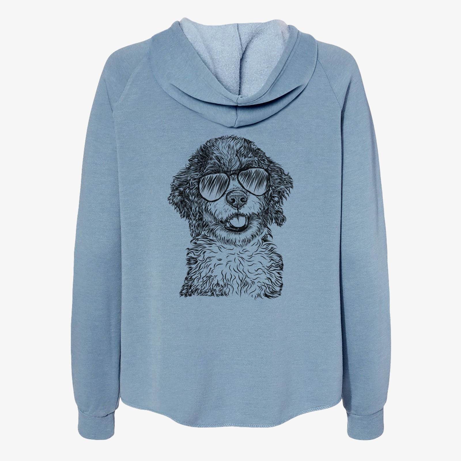 Hand-drawn sketch of Smoky the Bernedoodle Puppy wearing aviator sunglasses on a Misty Blue Women's cali wave zip-up sweatshirt