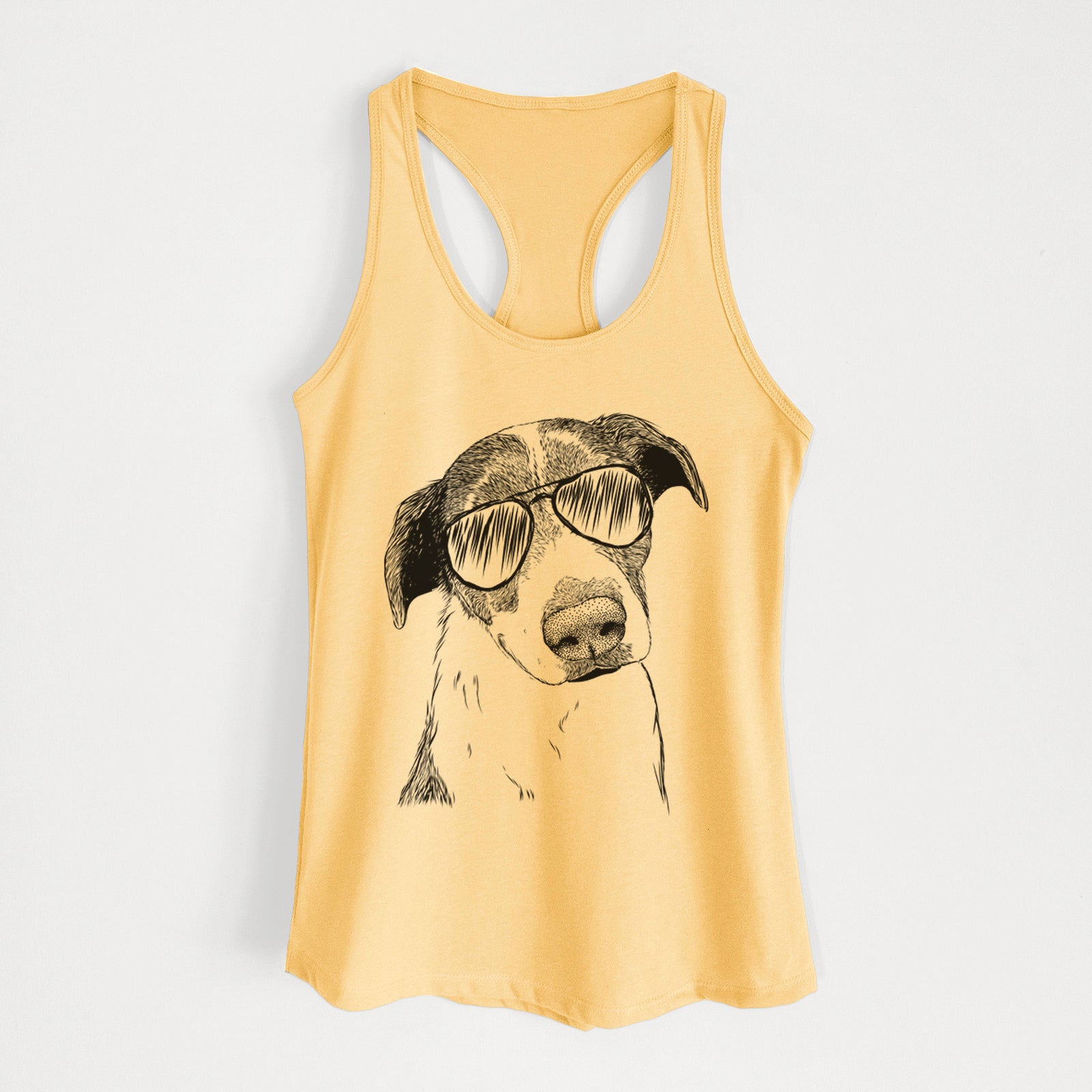 Hand-drawn sketch of Sophia the Mixed Breed wearing aviator sunglasses on a Banana Cream Women's racerback tanktop