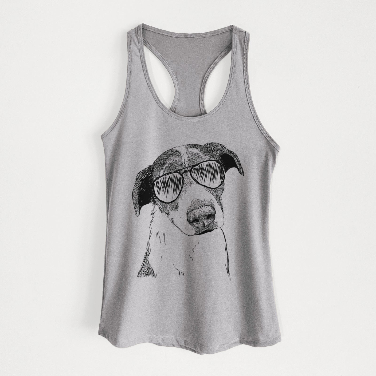 Hand-drawn sketch of Sophia the Mixed Breed wearing aviator sunglasses on a Heather Grey Women's racerback tanktop
