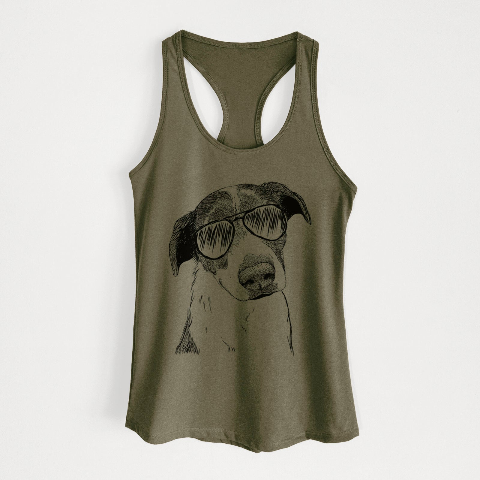 Hand-drawn sketch of Sophia the Mixed Breed wearing aviator sunglasses on a Military Green Women's racerback tanktop