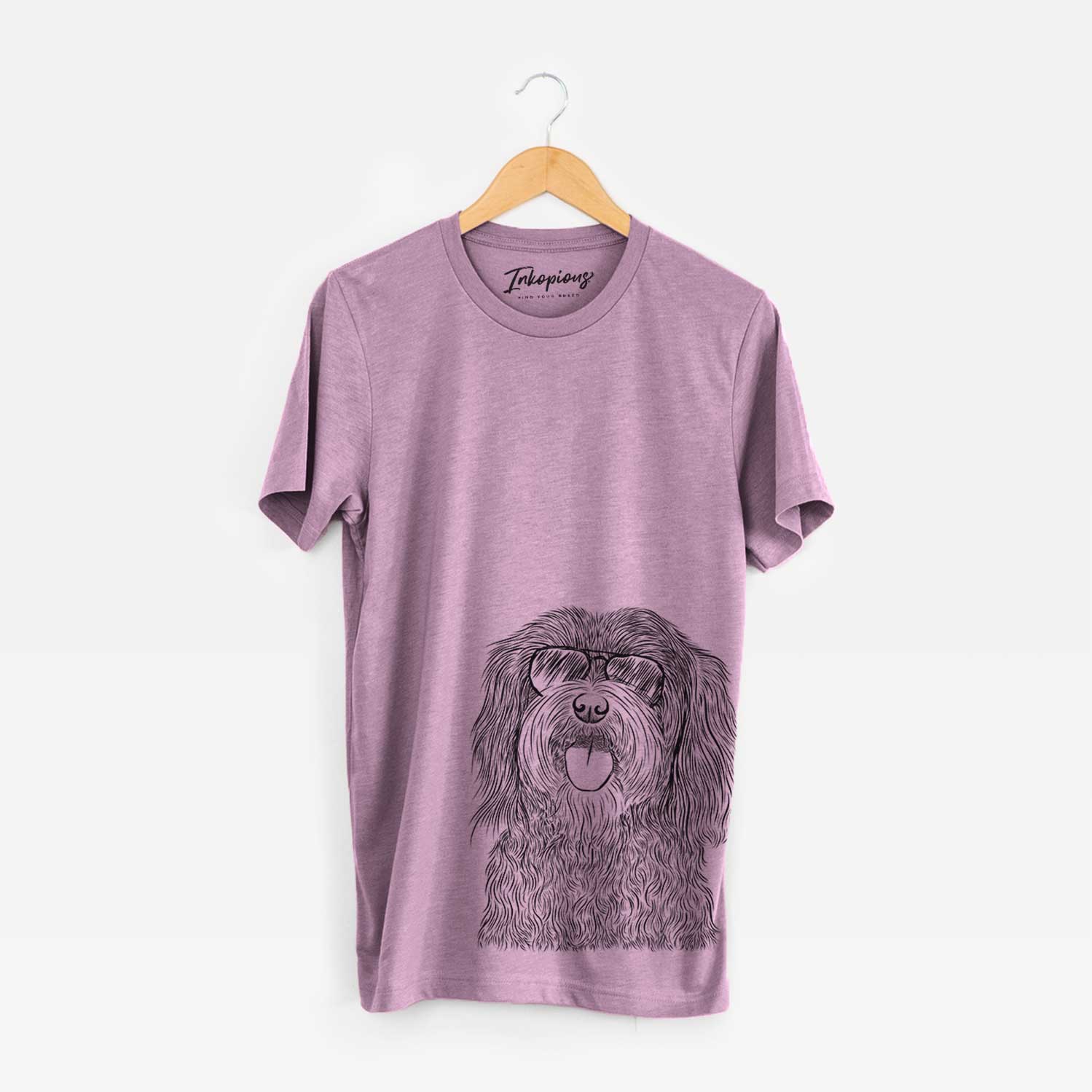 Hand-drawn sketch of Sophie the Havanese wearing aviator sunglasses on an Orchid Bella Canvas Unisex Crewneck