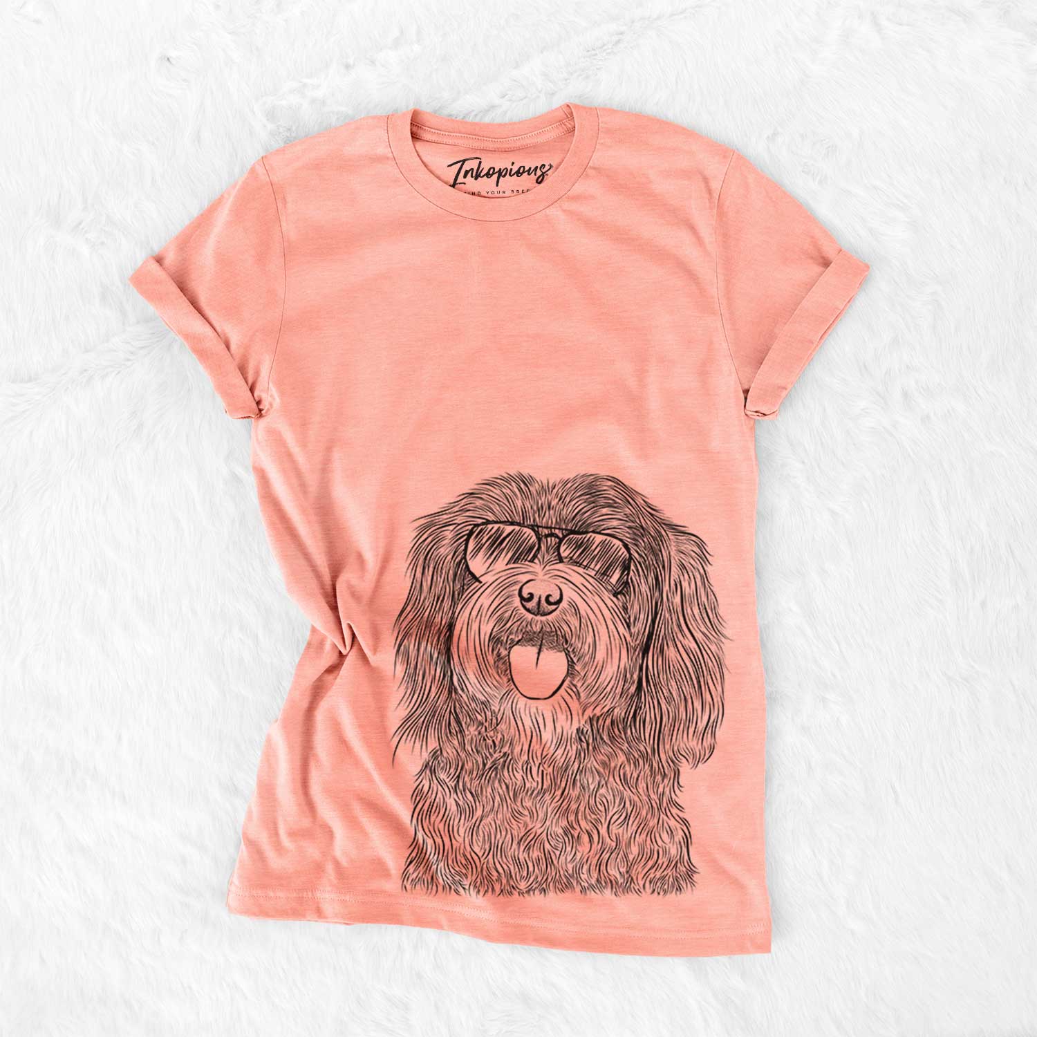 Hand-drawn sketch of Sophie the Havanese wearing aviator sunglasses on a Sunset Bella Canvas Unisex Crewneck