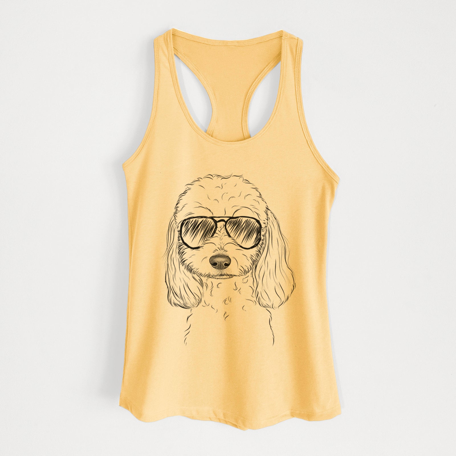 Hand-drawn sketch of Sophie the Coton de Tulear wearing aviator sunglasses on a Banana Cream Women's racerback tanktop