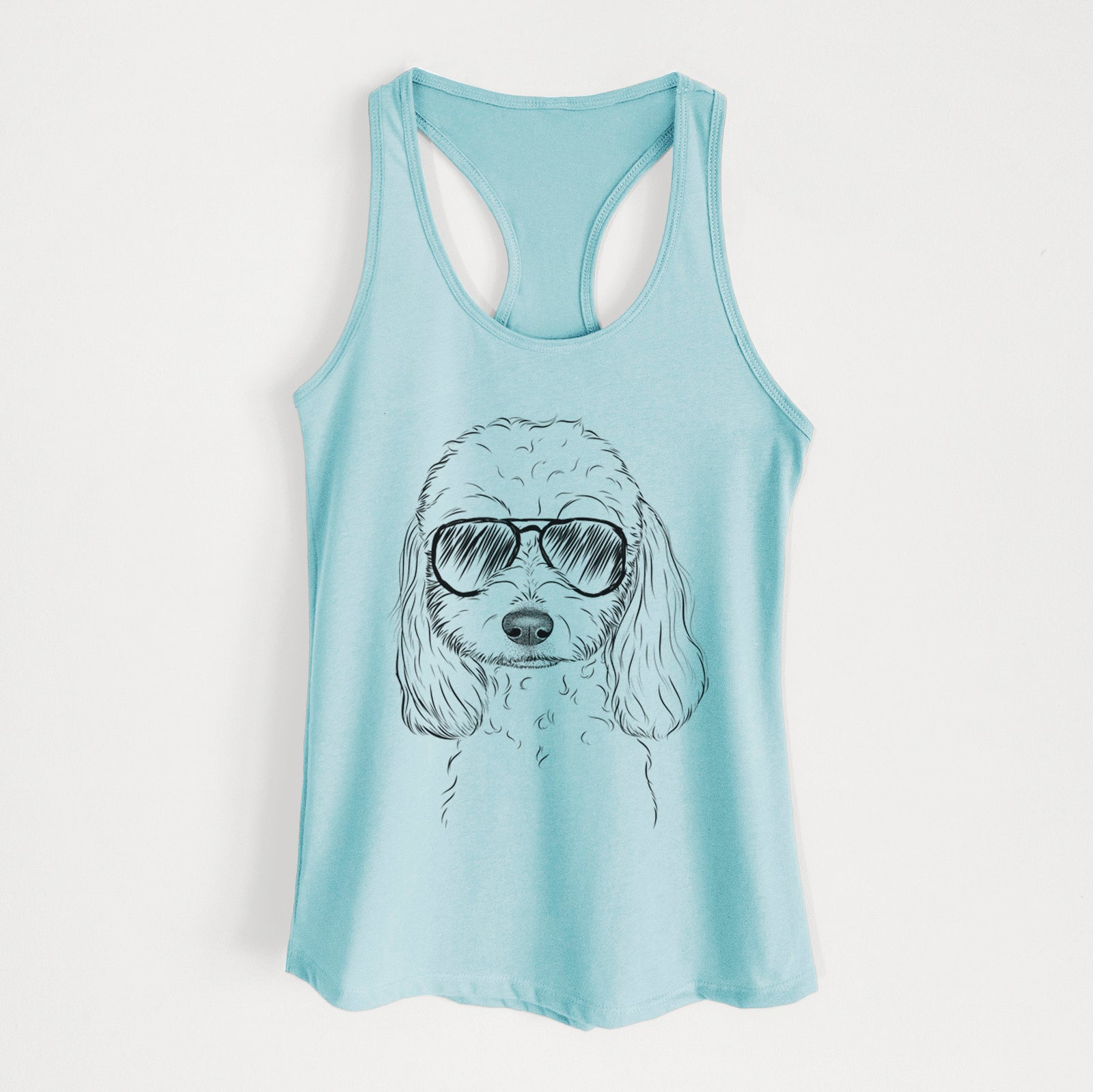 Hand-drawn sketch of Sophie the Coton de Tulear wearing aviator sunglasses on a Cancun Blue Women's racerback tanktop