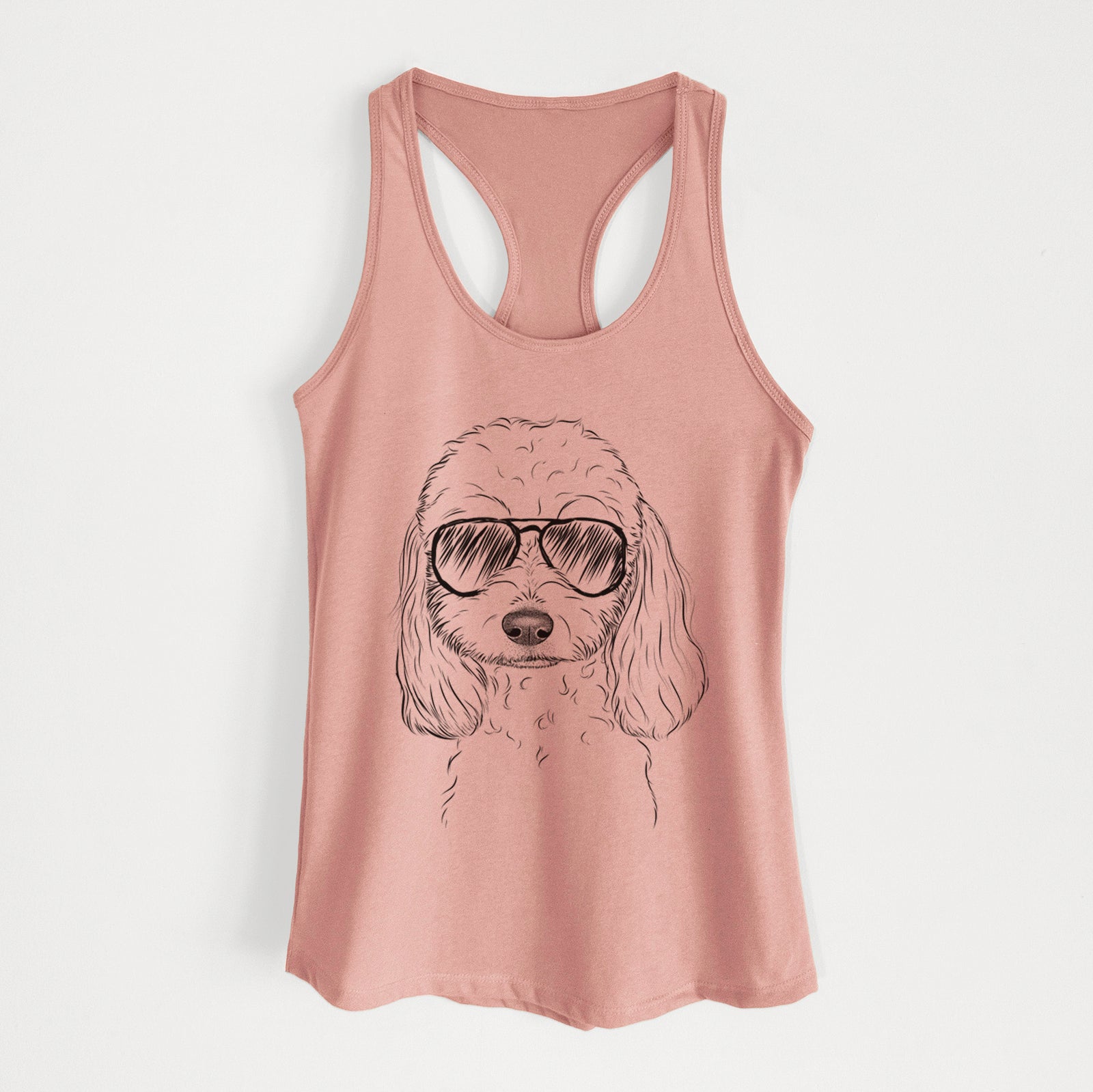 Hand-drawn sketch of Sophie the Coton de Tulear wearing aviator sunglasses on a Desert Pink Women's racerback tanktop
