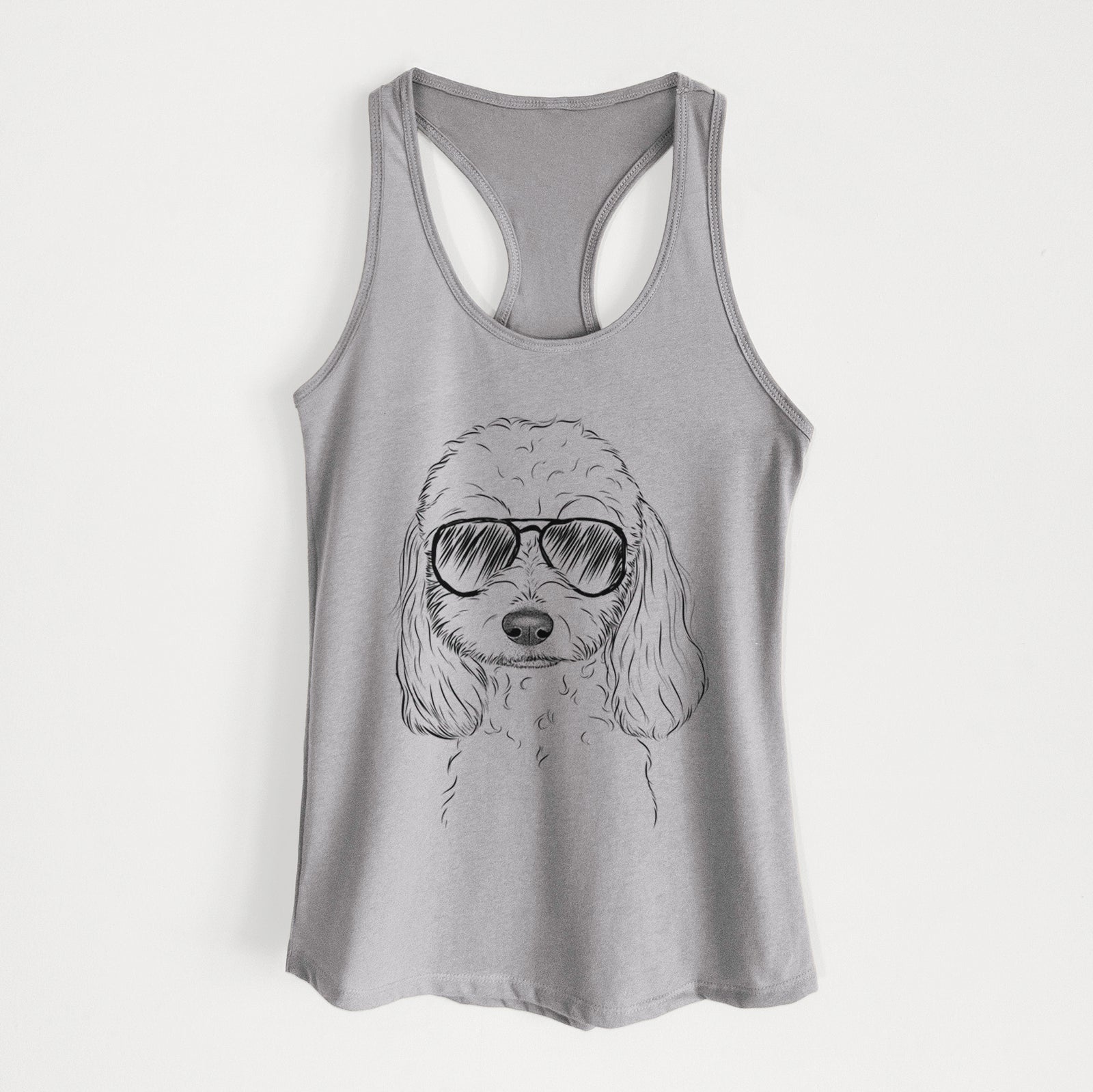 Hand-drawn sketch of Sophie the Coton de Tulear wearing aviator sunglasses on a Heather Grey Women's racerback tanktop