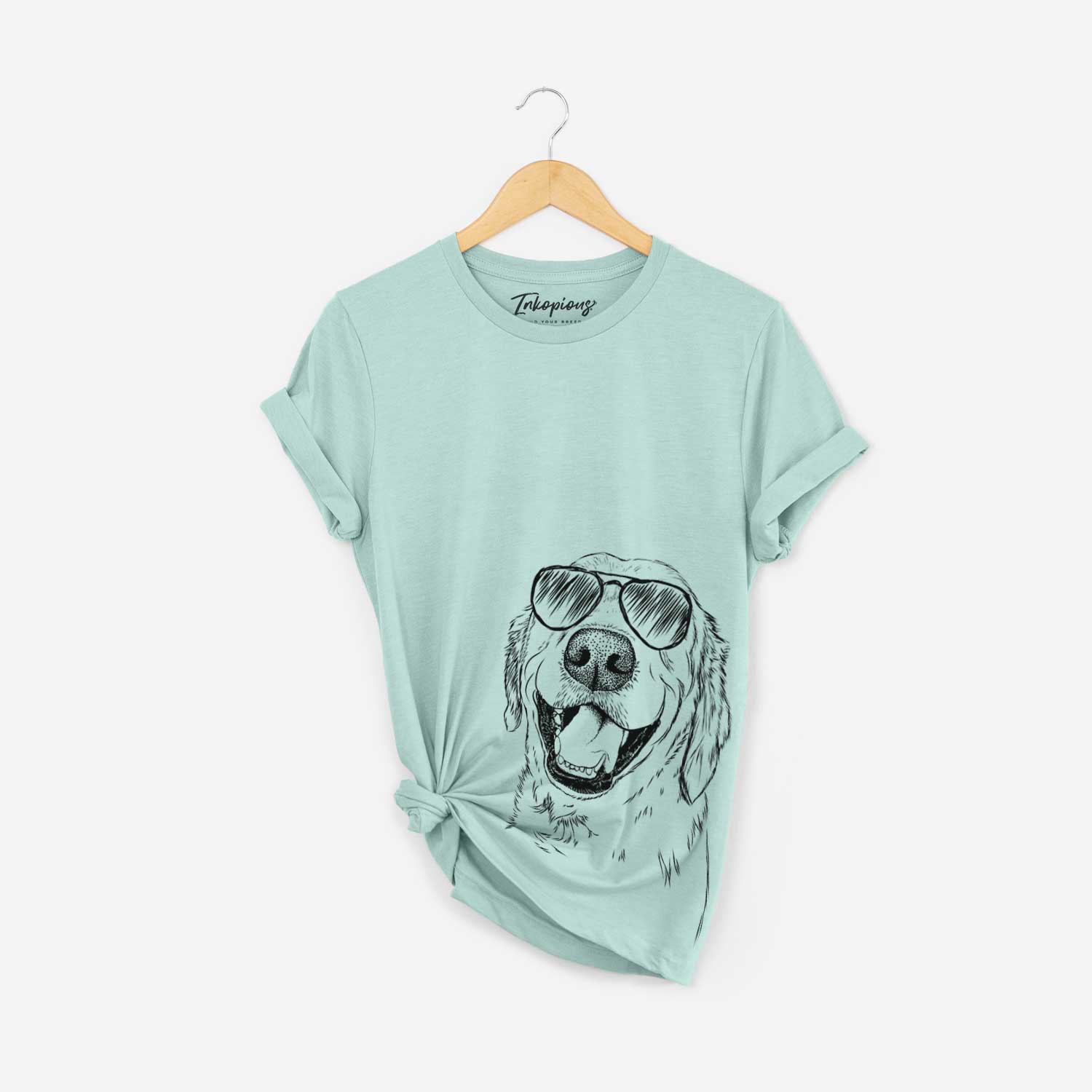 Hand-drawn sketch of Spanky the Golden Retriever wearing aviator sunglasses on a Heather Sage Bella Canvas Unisex Crewneck