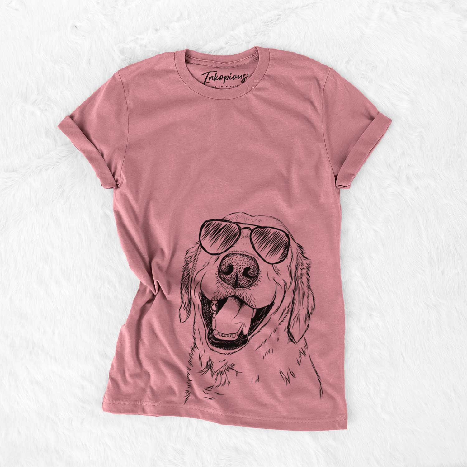 Hand-drawn sketch of Spanky the Golden Retriever wearing aviator sunglasses on a Mauve Bella Canvas Unisex Crewneck
