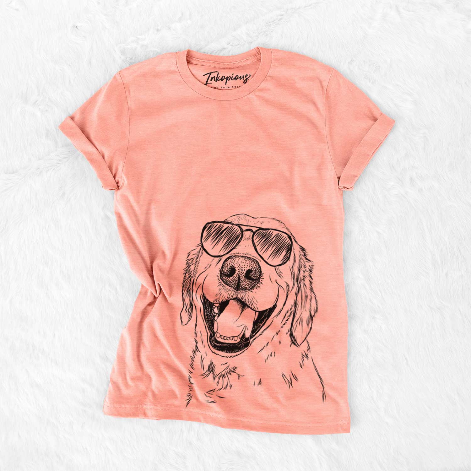 Hand-drawn sketch of Spanky the Golden Retriever wearing aviator sunglasses on a Sunset Bella Canvas Unisex Crewneck