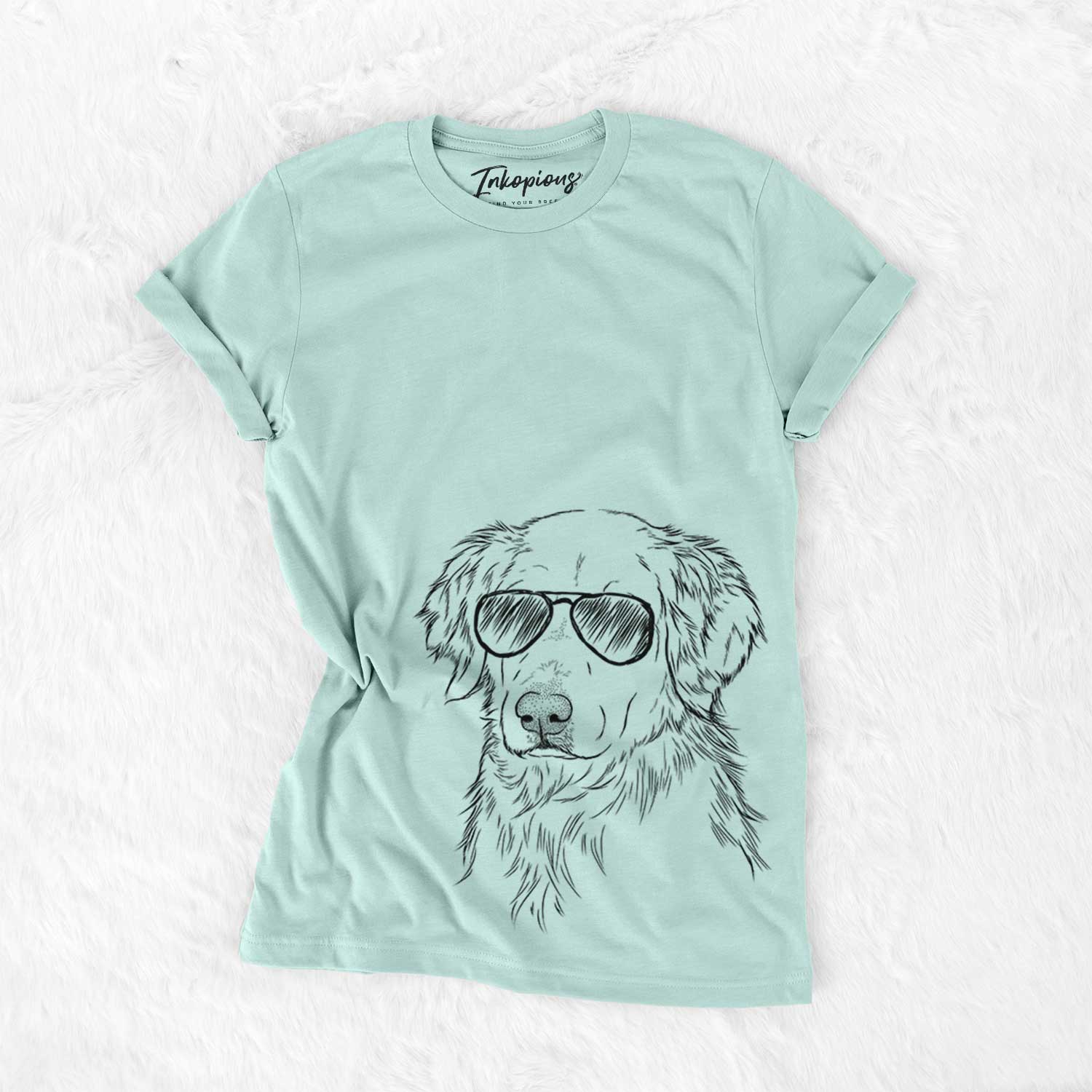 Hand-drawn sketch of Spencer the Golden Retriever wearing aviator sunglasses on a Heather Sage Unisex crewneck