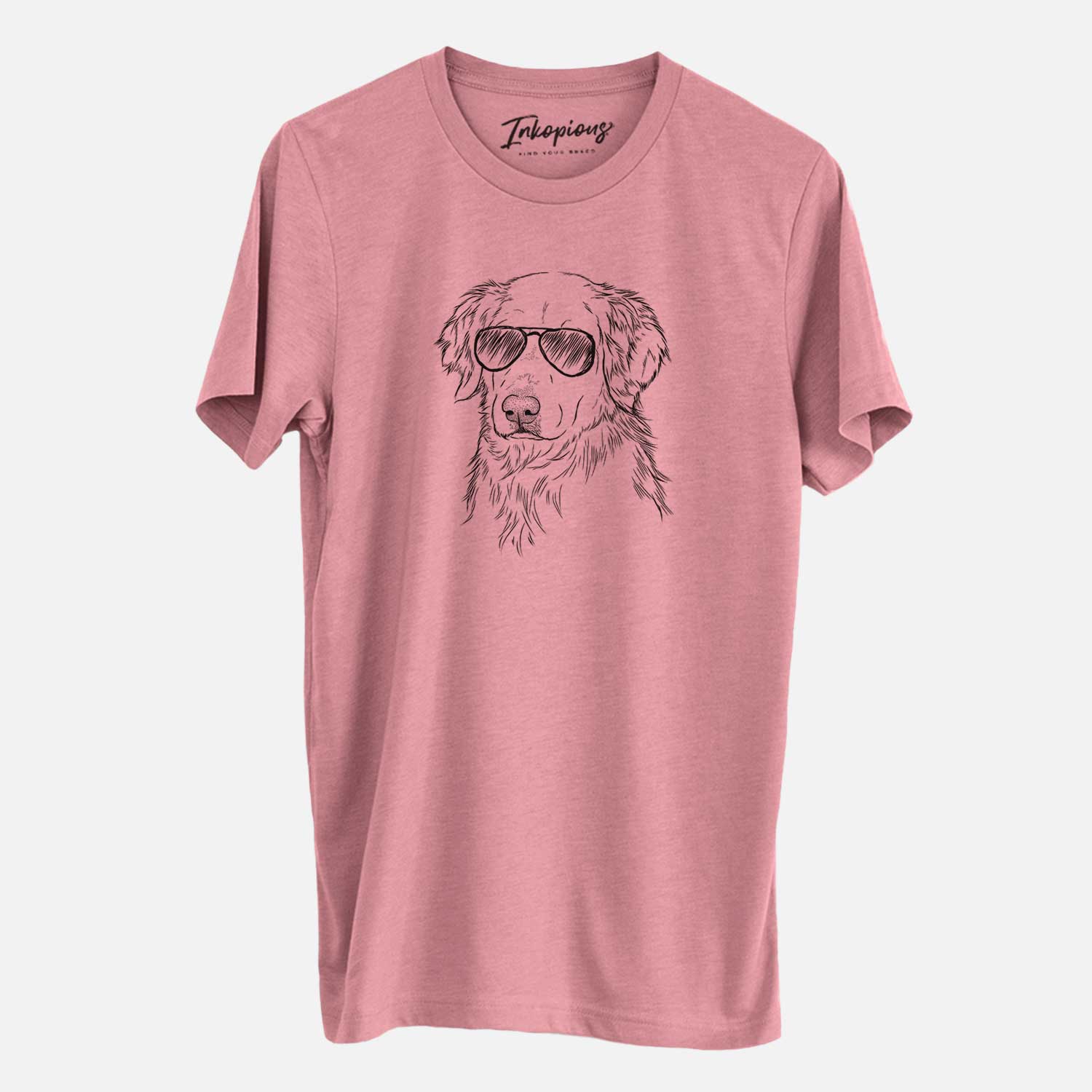 Hand-drawn sketch of Spencer the Golden Retriever wearing aviator sunglasses on a Mauve Unisex crewneck