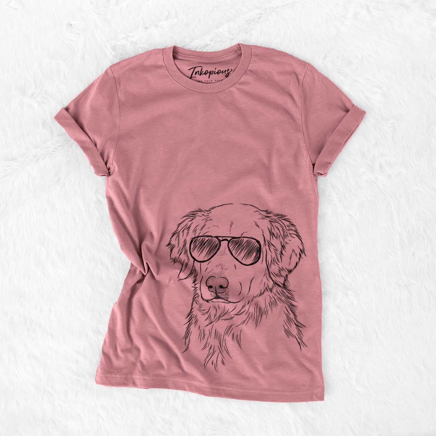 Hand-drawn sketch of Spencer the Golden Retriever wearing aviator sunglasses on a Mauve Unisex crewneck