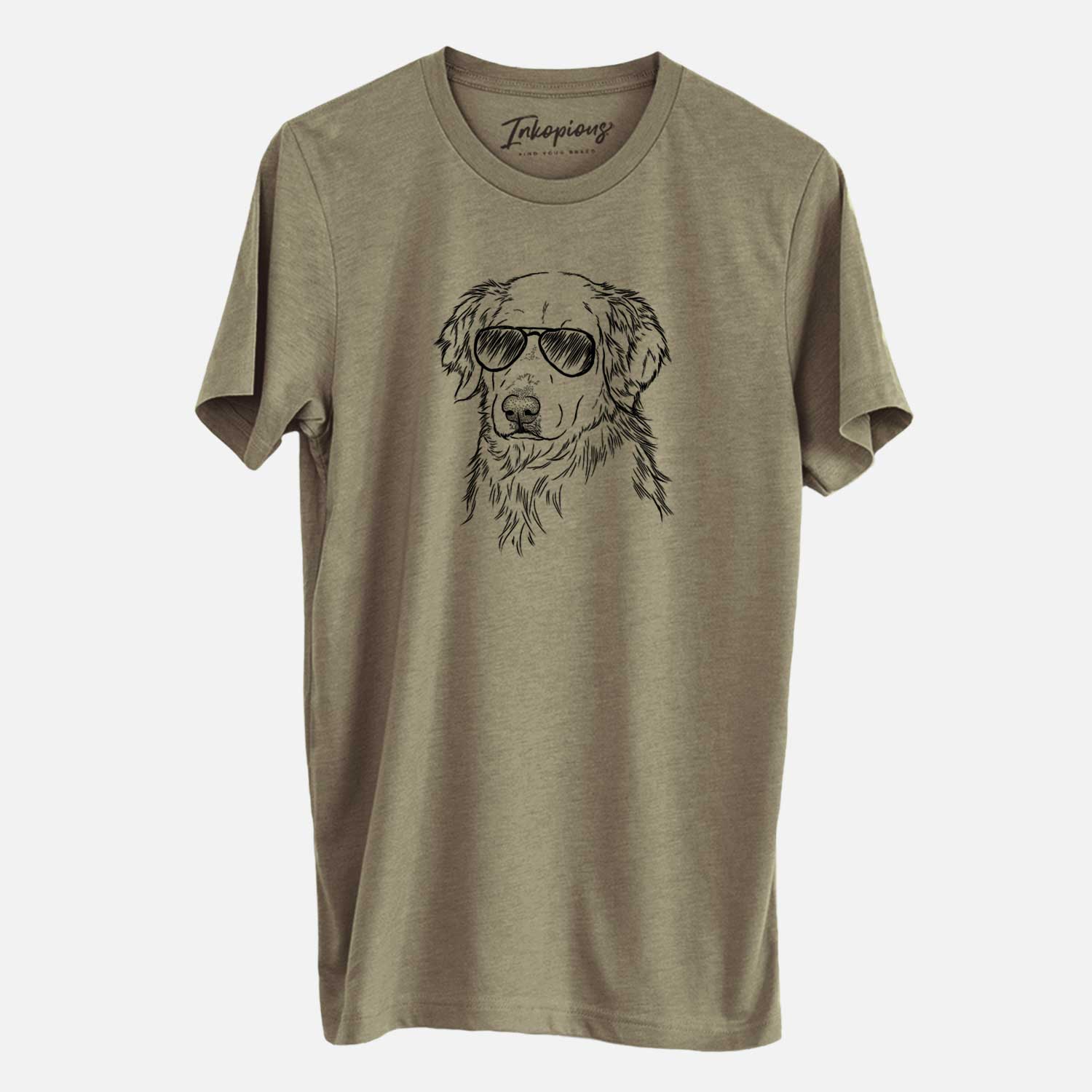 Hand-drawn sketch of Spencer the Golden Retriever wearing aviator sunglasses on an Olive Unisex crewneck