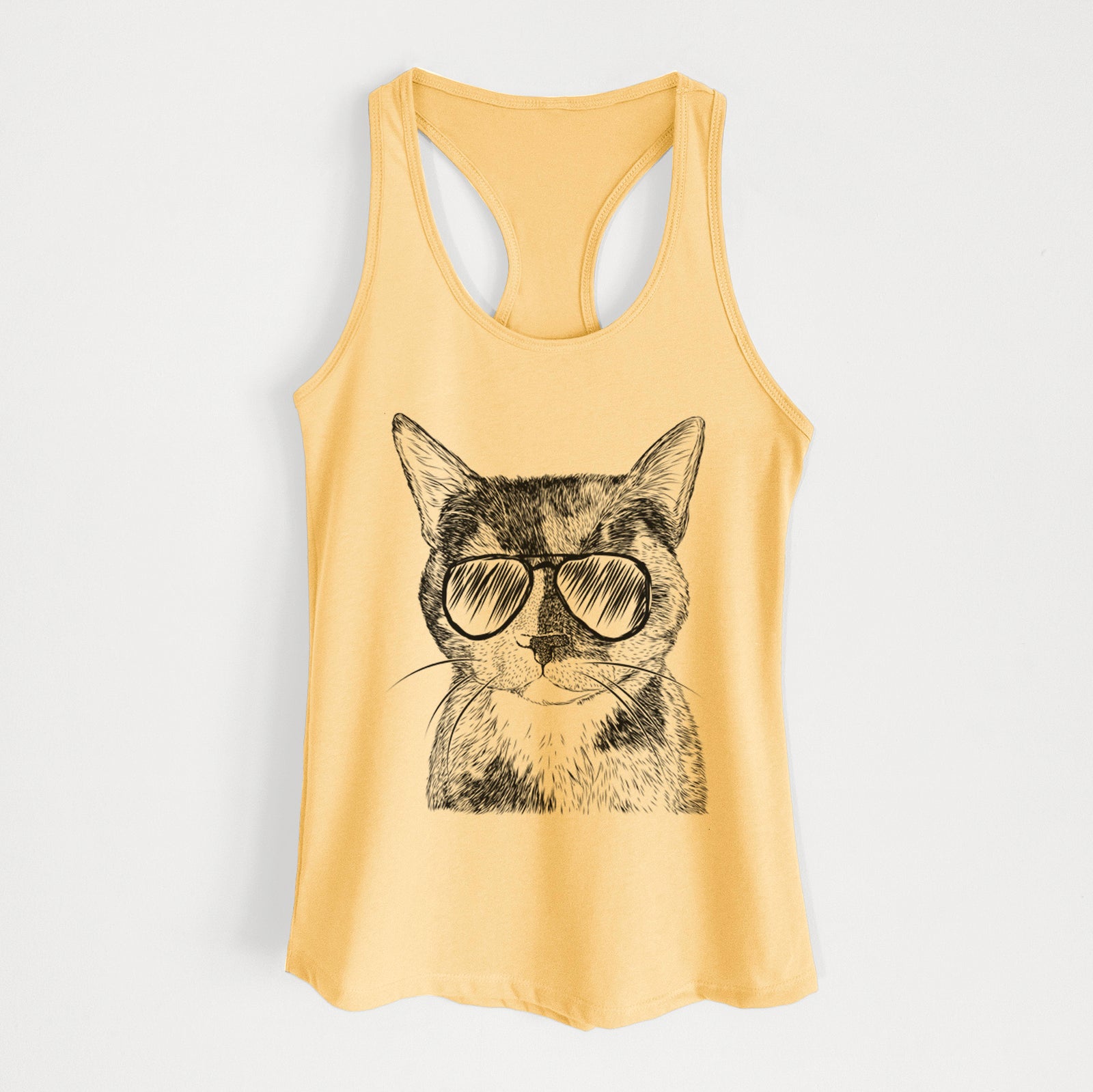 Hand-drawn sketch of Spooky Kitty the Tortoiseshell Cat wearing aviator sunglasses on a Banana Cream Women's racerback tanktop