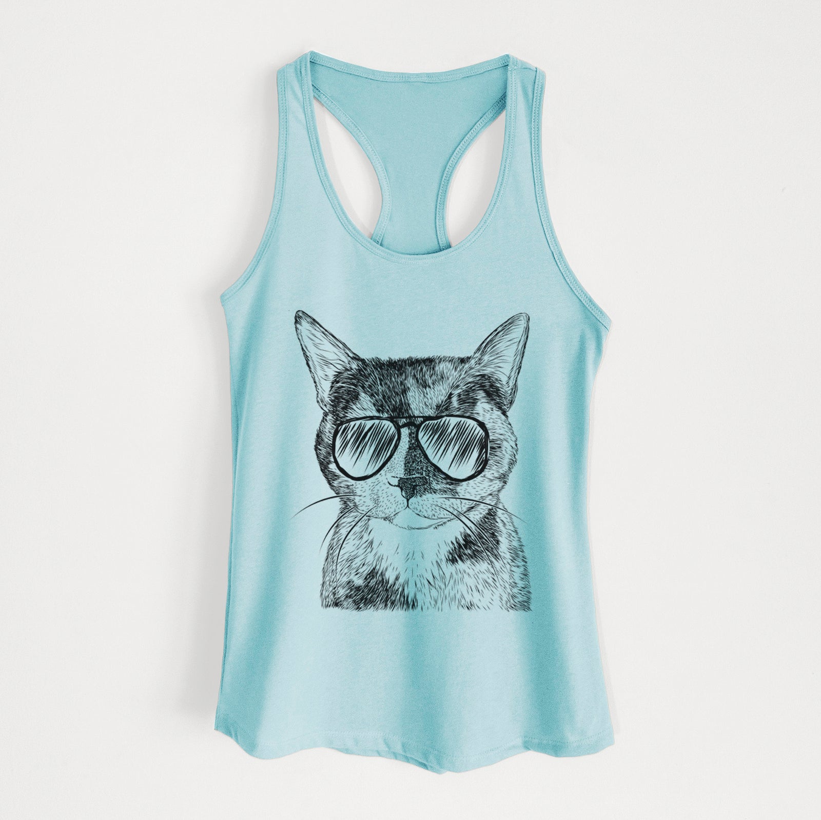 Hand-drawn sketch of Spooky Kitty the Tortoiseshell Cat wearing aviator sunglasses on a Cancun Blue Women's racerback tanktop