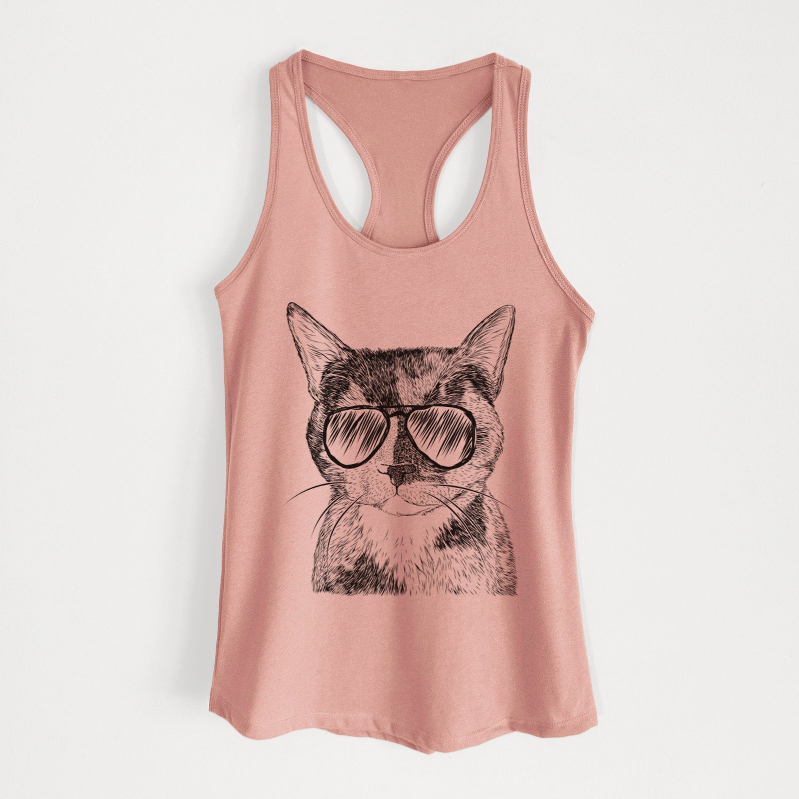 Hand-drawn sketch of Spooky Kitty the Tortoiseshell Cat wearing aviator sunglasses on a Desert Pink Women's racerback tanktop