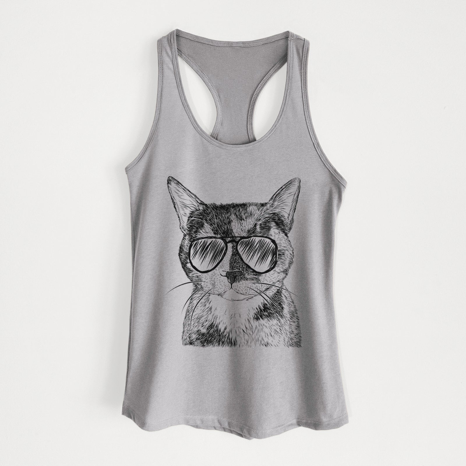 Hand-drawn sketch of Spooky Kitty the Tortoiseshell Cat wearing aviator sunglasses on a Heather Grey Women's racerback tanktop