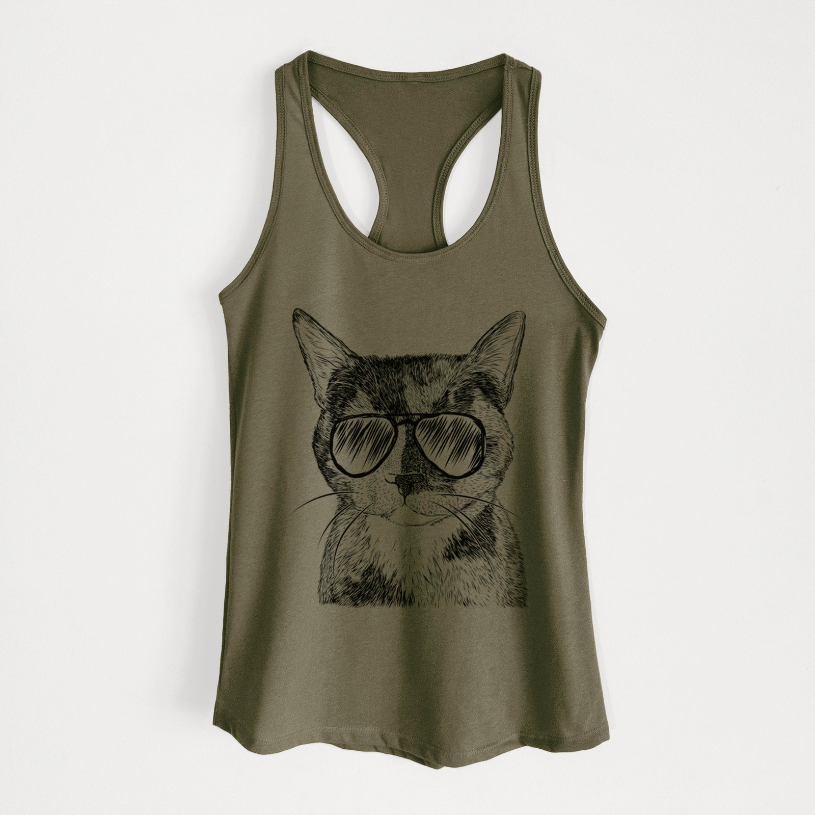 Hand-drawn sketch of Spooky Kitty the Tortoiseshell Cat wearing aviator sunglasses on a Military Green Women's racerback tanktop