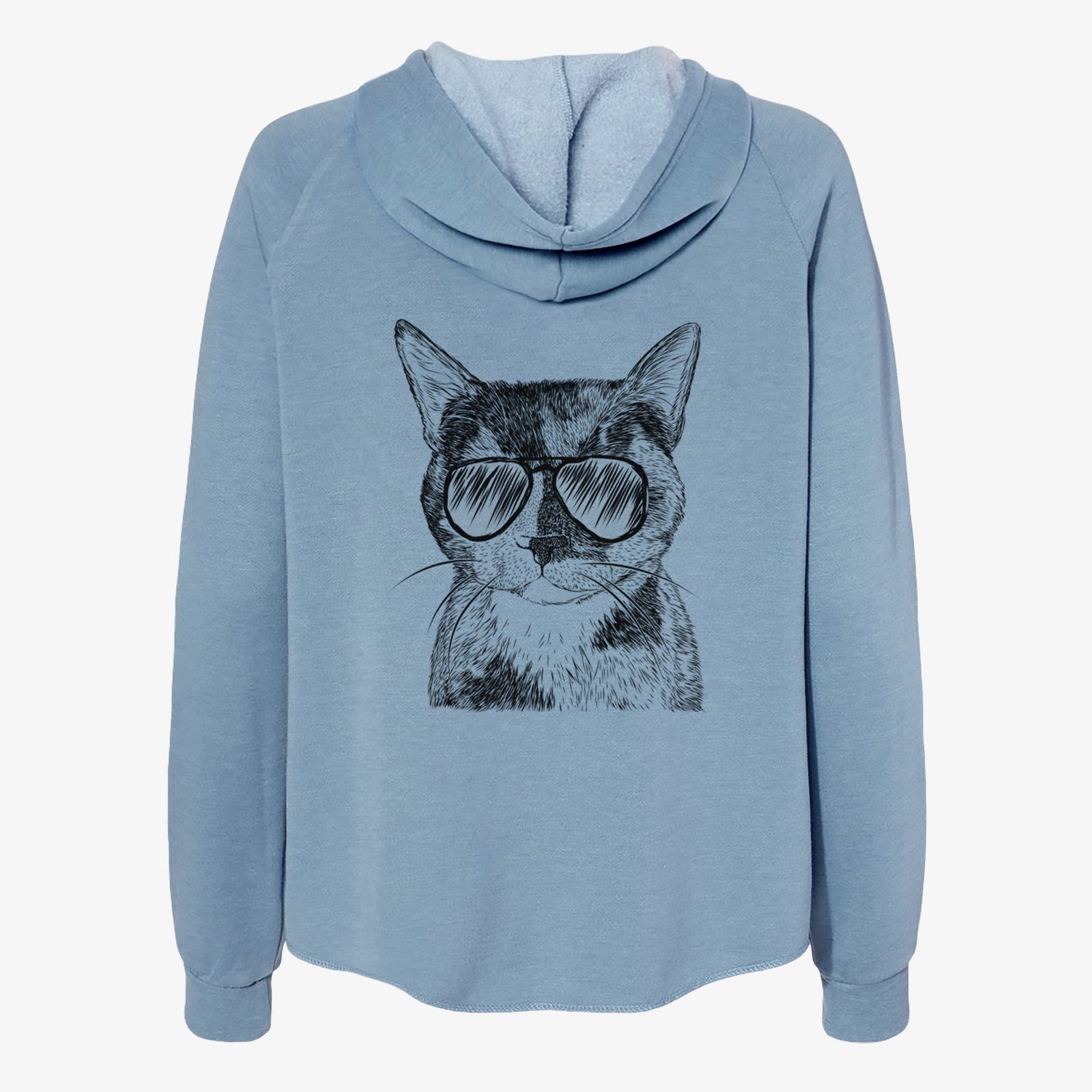 Hand-drawn sketch of Spooky Kitty the Tortoiseshell Cat wearing aviator sunglasses on a Misty Blue Women's cali wave zip-up sweatshirt