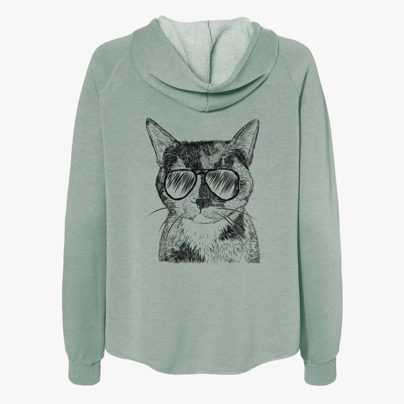 Hand-drawn sketch of Spooky Kitty the Tortoiseshell Cat wearing aviator sunglasses on a Sage Women's cali wave zip-up sweatshirt