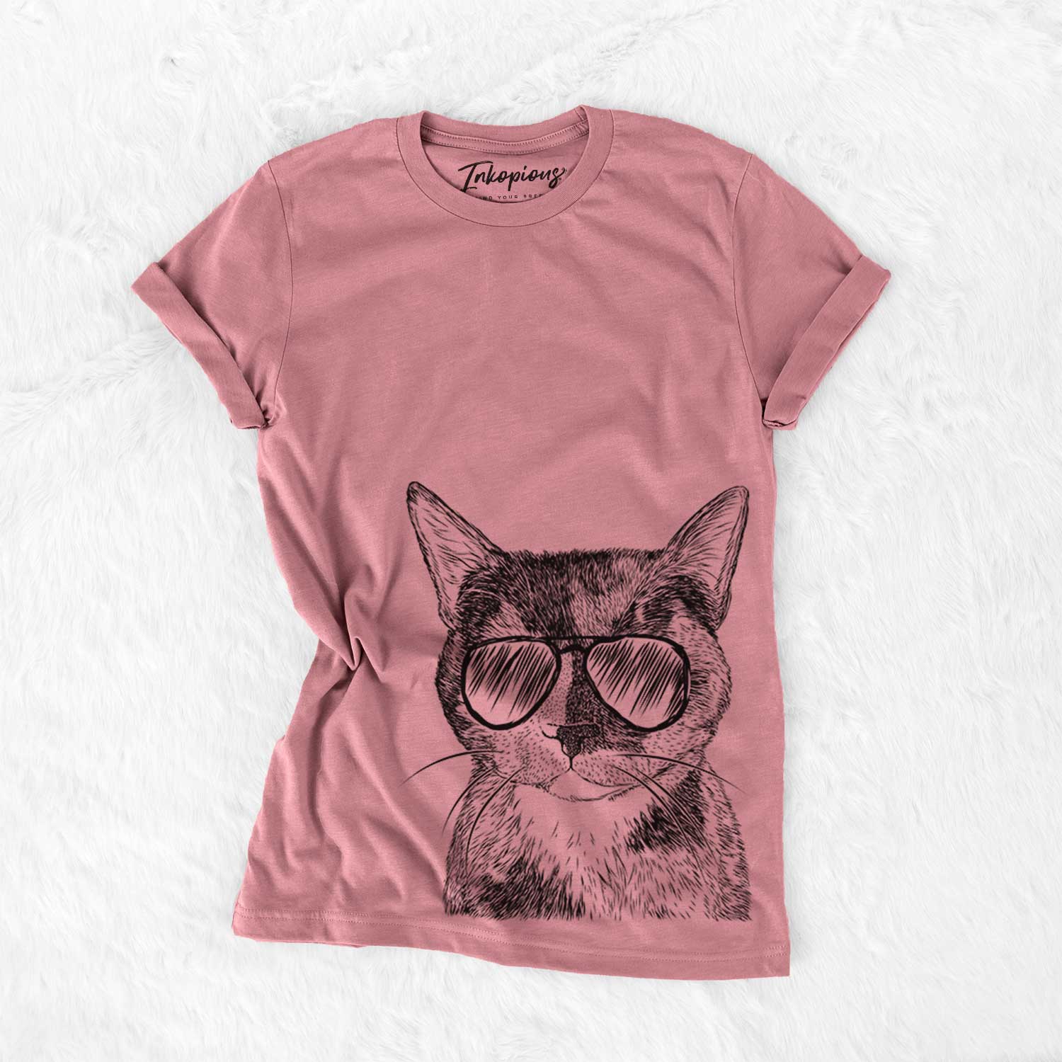 Hand-drawn sketch of Spooky Kitty the Tortoiseshell Cat wearing aviator sunglasses on a Mauve Bella Canvas Unisex Crewneck