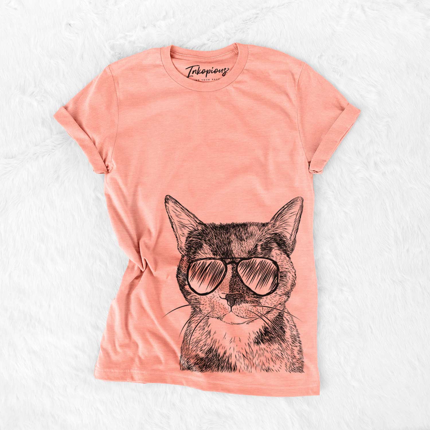 Hand-drawn sketch of Spooky Kitty the Tortoiseshell Cat wearing aviator sunglasses on a Sunset Bella Canvas Unisex Crewneck