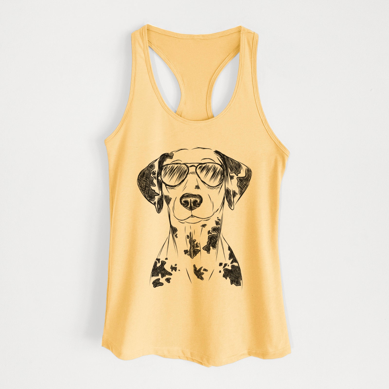 Hand-drawn sketch of Spot the Dalmatian wearing aviator sunglasses on a Banana Cream Women's racerback tanktop