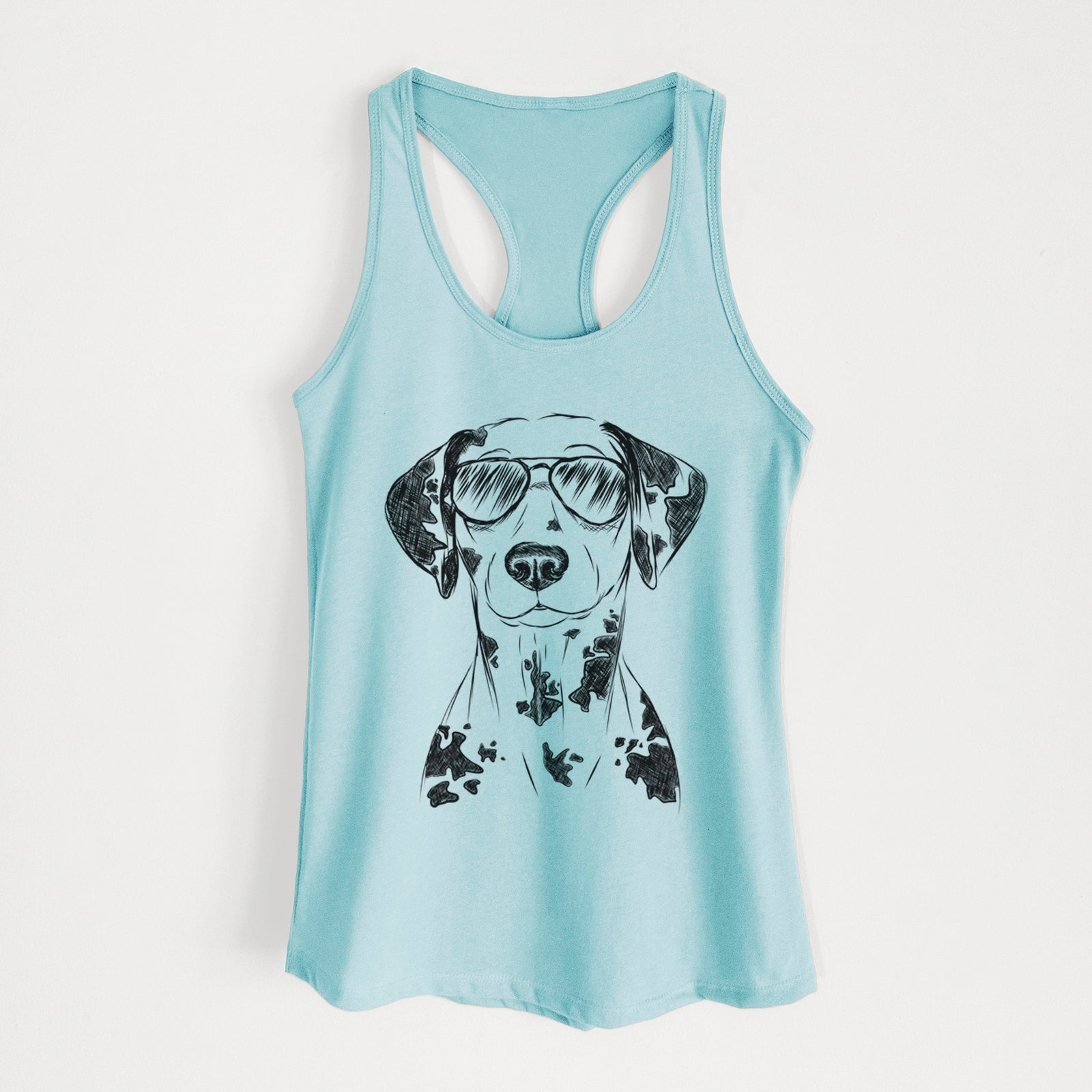 Hand-drawn sketch of Spot the Dalmatian wearing aviator sunglasses on a Cancun Blue Women's racerback tanktop