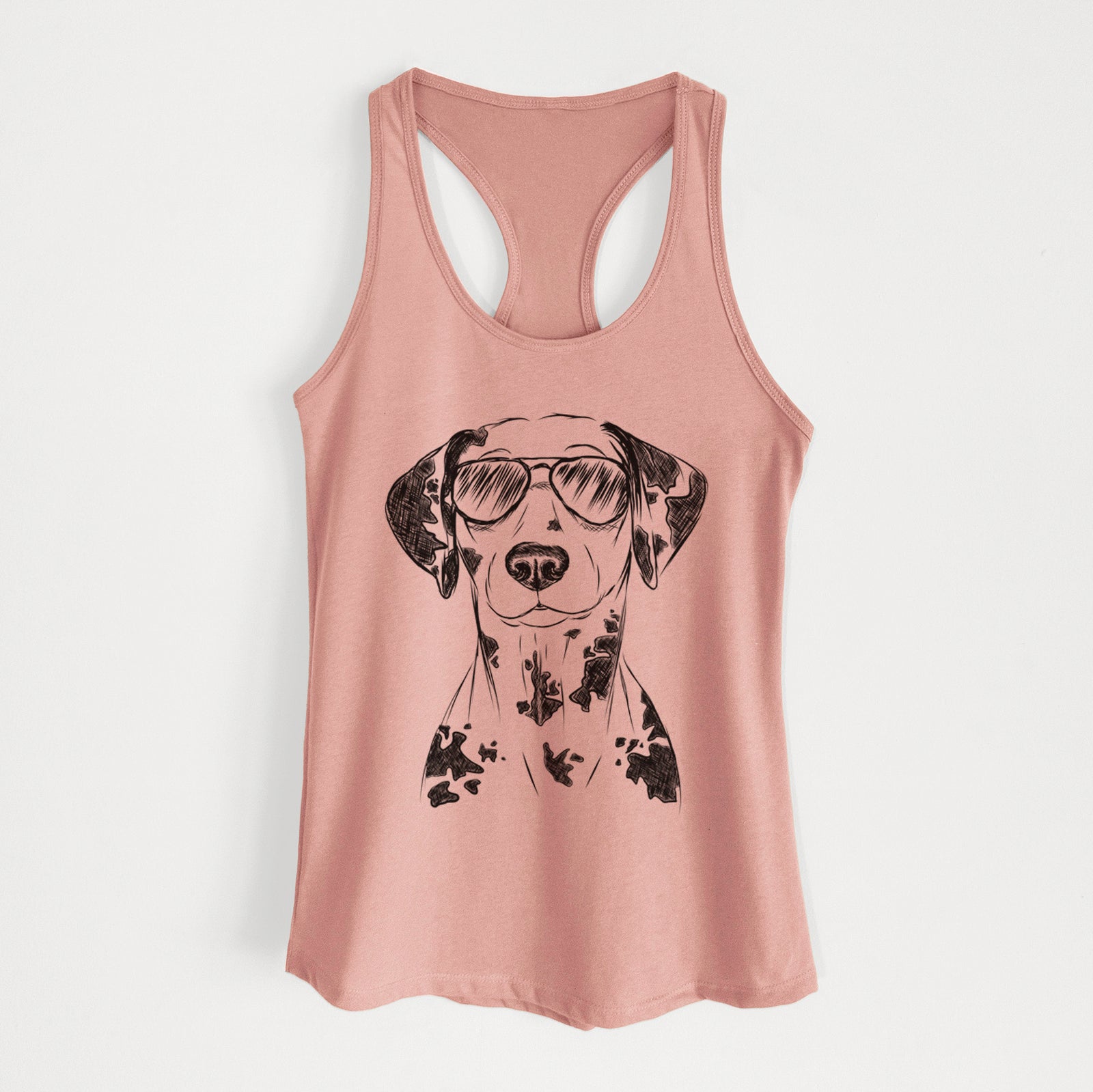 Hand-drawn sketch of Spot the Dalmatian wearing aviator sunglasses on a Desert Pink Women's racerback tanktop