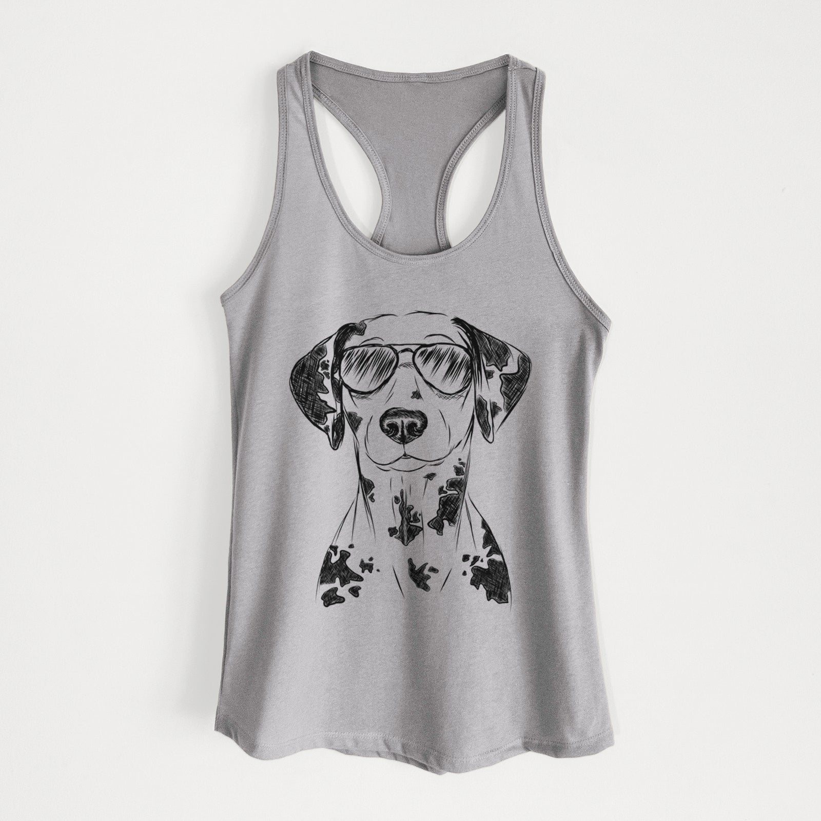 Hand-drawn sketch of Spot the Dalmatian wearing aviator sunglasses on a Heather Grey Women's racerback tanktop
