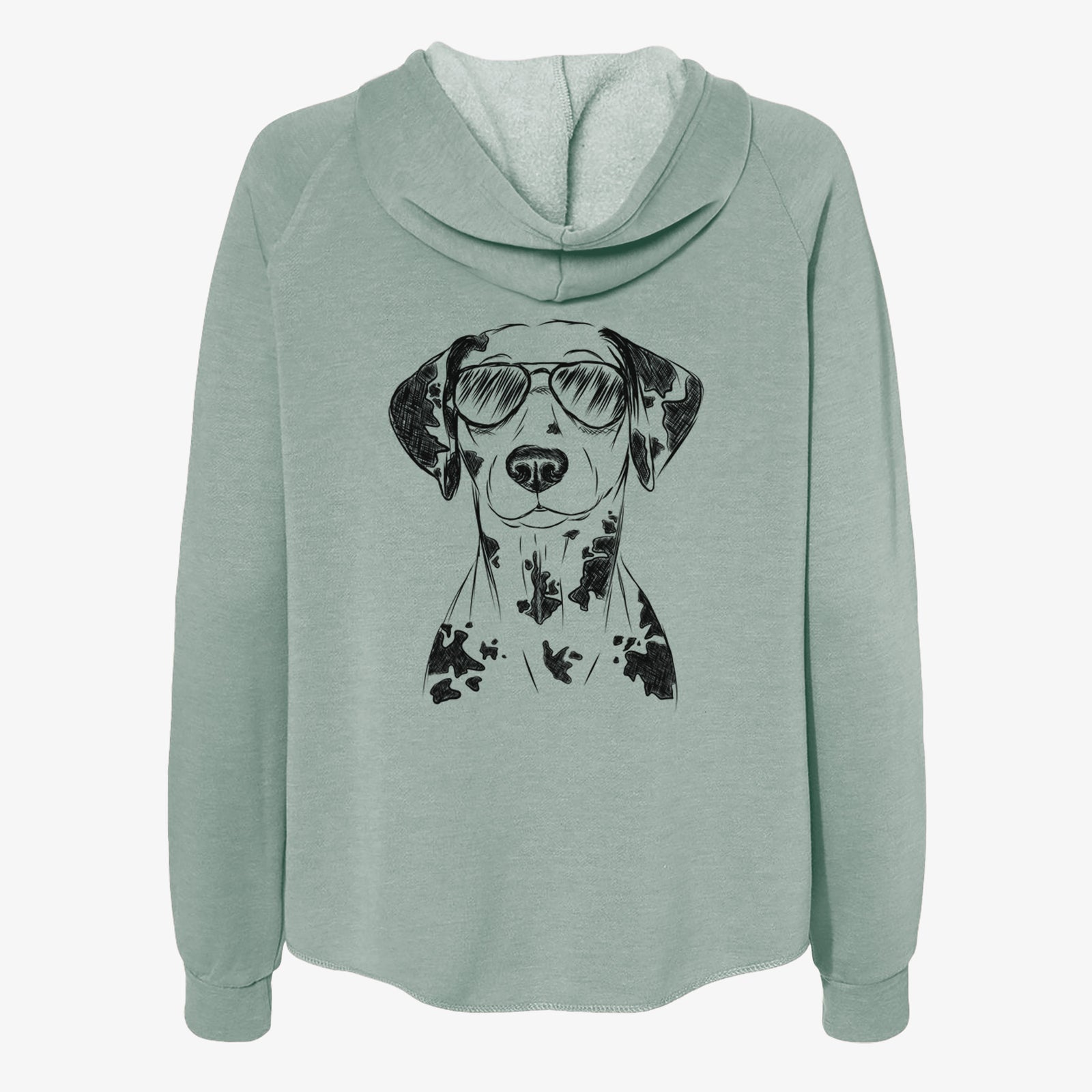 Hand-drawn sketch of Spot the Dalmatian wearing aviator sunglasses on a Sage Women's cali wave zip-up sweatshirt