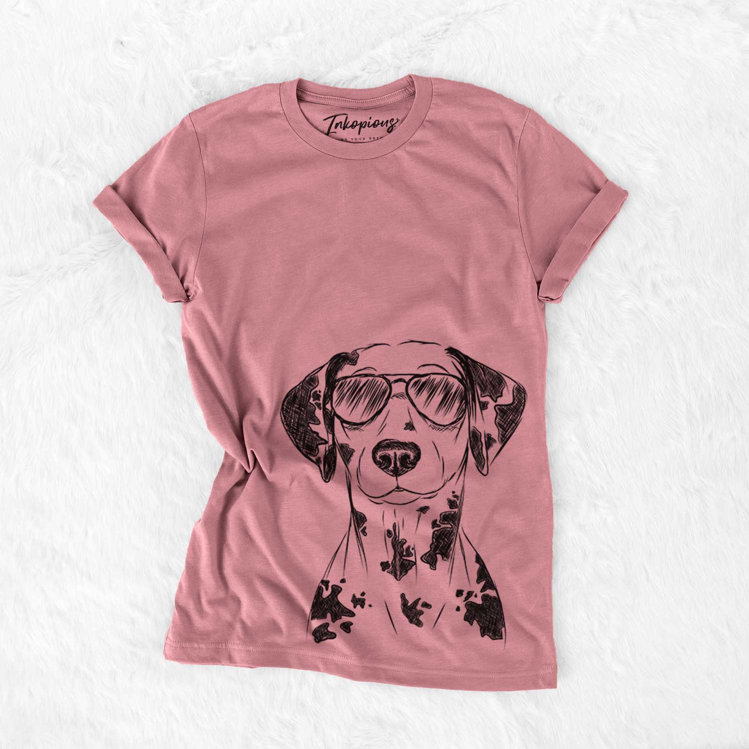 Hand-drawn sketch of Spot the Dalmatian wearing aviator sunglasses on a Mauve Bella Canvas Unisex Crewneck